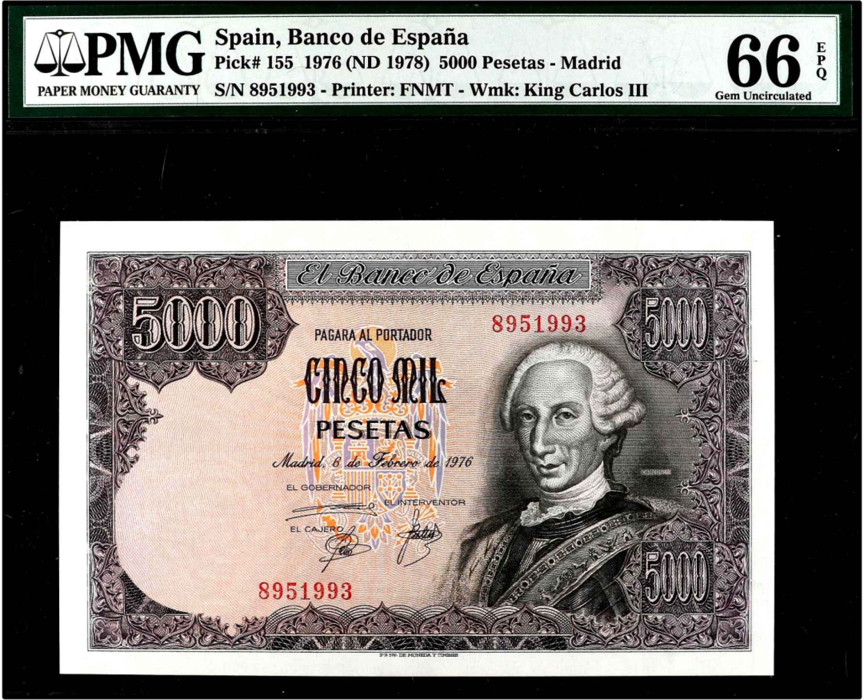 【Blue Auction】✨世界纸币精拍第186期——唯一冠军曼左尼（共77拍） 【早期年份 纯数字冠少见 最后的大方块】西班牙 1976年5000比塞塔 国王卡洛斯三世 PMG66EPQ 