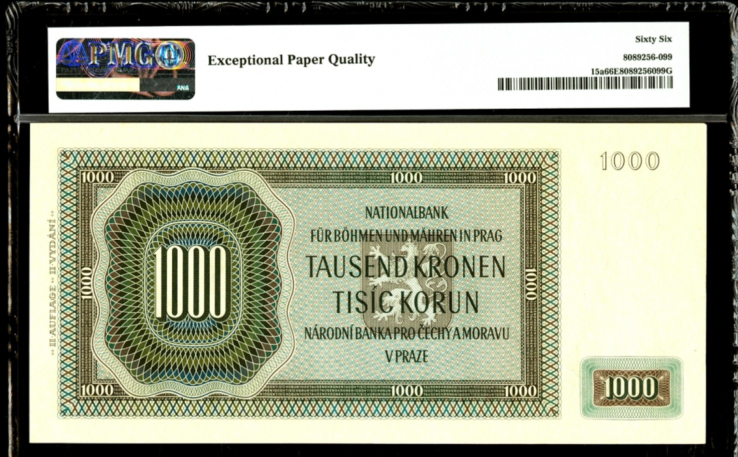 【Blue Auction】✨世界纸币精拍第186期——唯一冠军曼左尼（共77拍） 【实钞 超大票幅】波西米亚 p15a 1942年1000克朗 PMG66EPQ