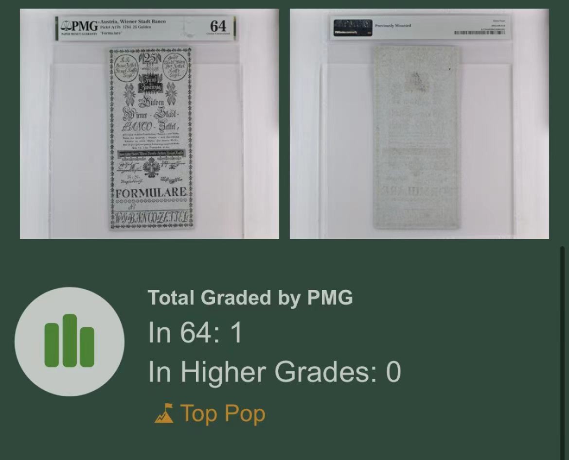 【Blue Auction】✨世界纸币精拍第186期——唯一冠军曼左尼（共77拍） 【唯一冠军分 全新非常罕见 4个世纪前的纸币】奥地利 早期 1784年25盾 PMG64 超大票幅（近A4纸大小）文物级别 