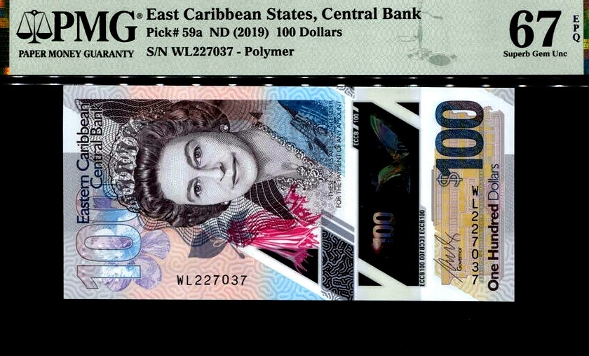 【Blue Auction】✨世界纸币精拍第186期——唯一冠军曼左尼（共77拍） 东加勒比 2019年100元 最高值 PMG67EPQ 高分 女王纸币