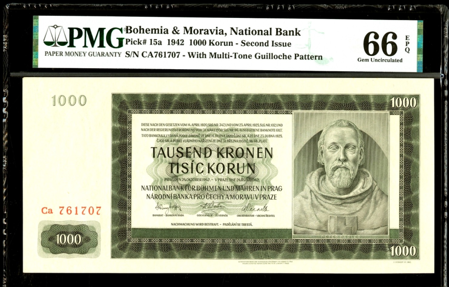 【Blue Auction】✨世界纸币精拍第186期——唯一冠军曼左尼（共77拍） 【实钞 超大票幅】波西米亚 p15a 1942年1000克朗 PMG66EPQ