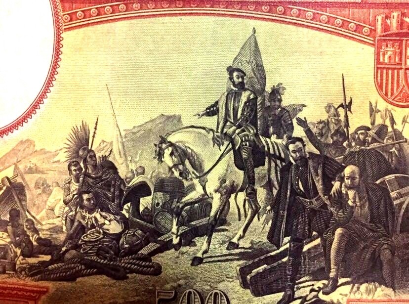 【Blue Auction】✨世界纸币精拍第186期——唯一冠军曼左尼（共77拍） 【冠军分】西班牙 1935年 500比塞塔 PCGS67EPQ 超高分 科尔特斯 经典大方块 雕刻非常细腻大气 值得珍藏 背面描述科尔特斯到达墨西哥后烧毁了他的船只，以说服他的部下们，没有回头路的场景。最终科尔特斯以破釜沉舟之势，以600人征服250万印第安人，塑造了西班牙征服者的传奇人生。