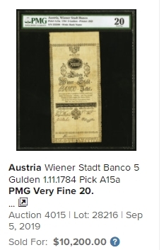 【Blue Auction】✨世界纸币精拍第186期——唯一冠军曼左尼（共77拍） 【唯一冠军分 全新非常罕见 4个世纪前的纸币】奥地利 早期 1784年25盾 PMG64 超大票幅（近A4纸大小）文物级别 