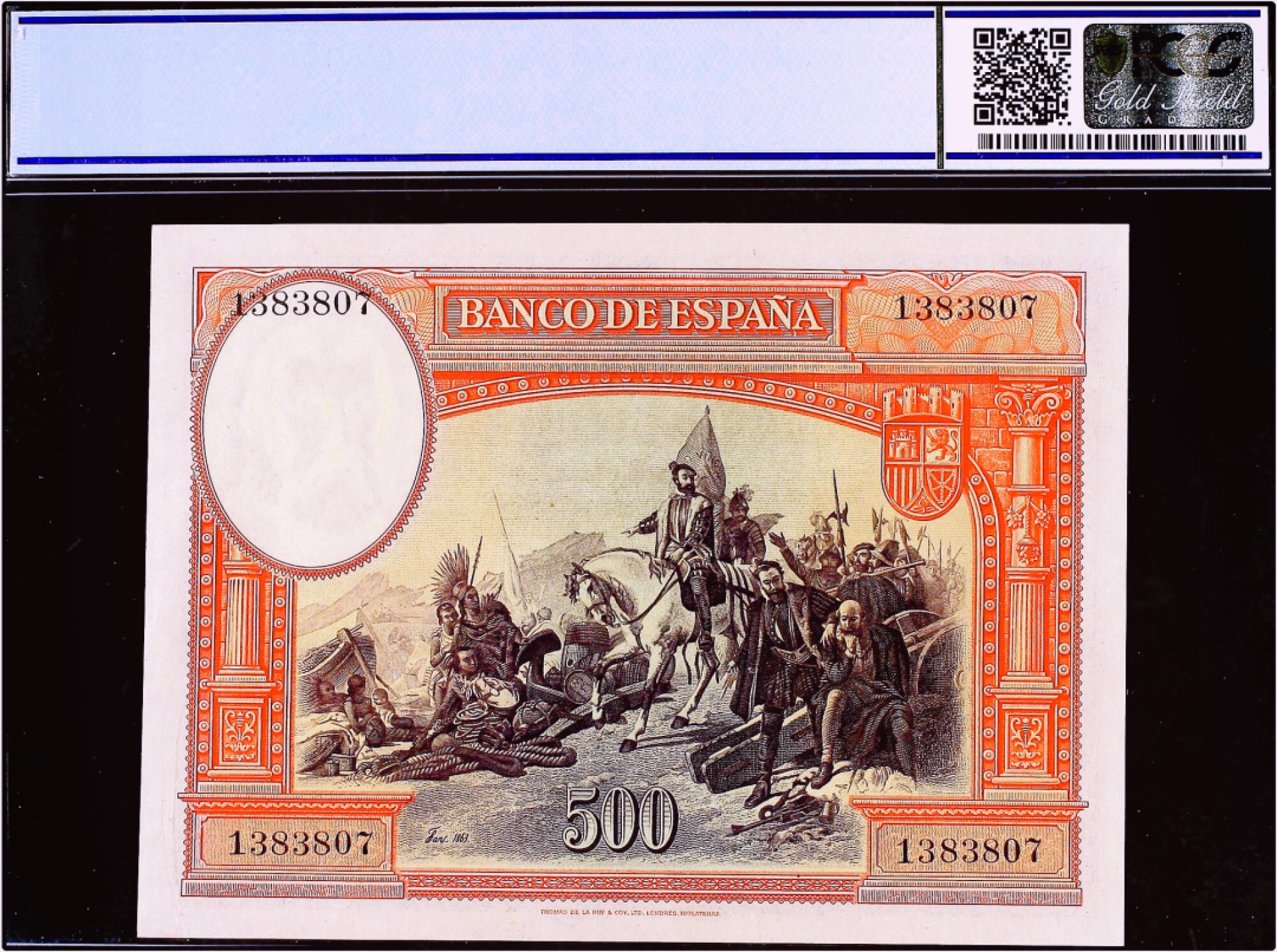 【Blue Auction】✨世界纸币精拍第186期——唯一冠军曼左尼（共77拍） 【冠军分】西班牙 1935年 500比塞塔 PCGS67EPQ 超高分 科尔特斯 经典大方块 雕刻非常细腻大气 值得珍藏 背面描述科尔特斯到达墨西哥后烧毁了他的船只，以说服他的部下们，没有回头路的场景。最终科尔特斯以破釜沉舟之势，以600人征服250万印第安人，塑造了西班牙征服者的传奇人生。