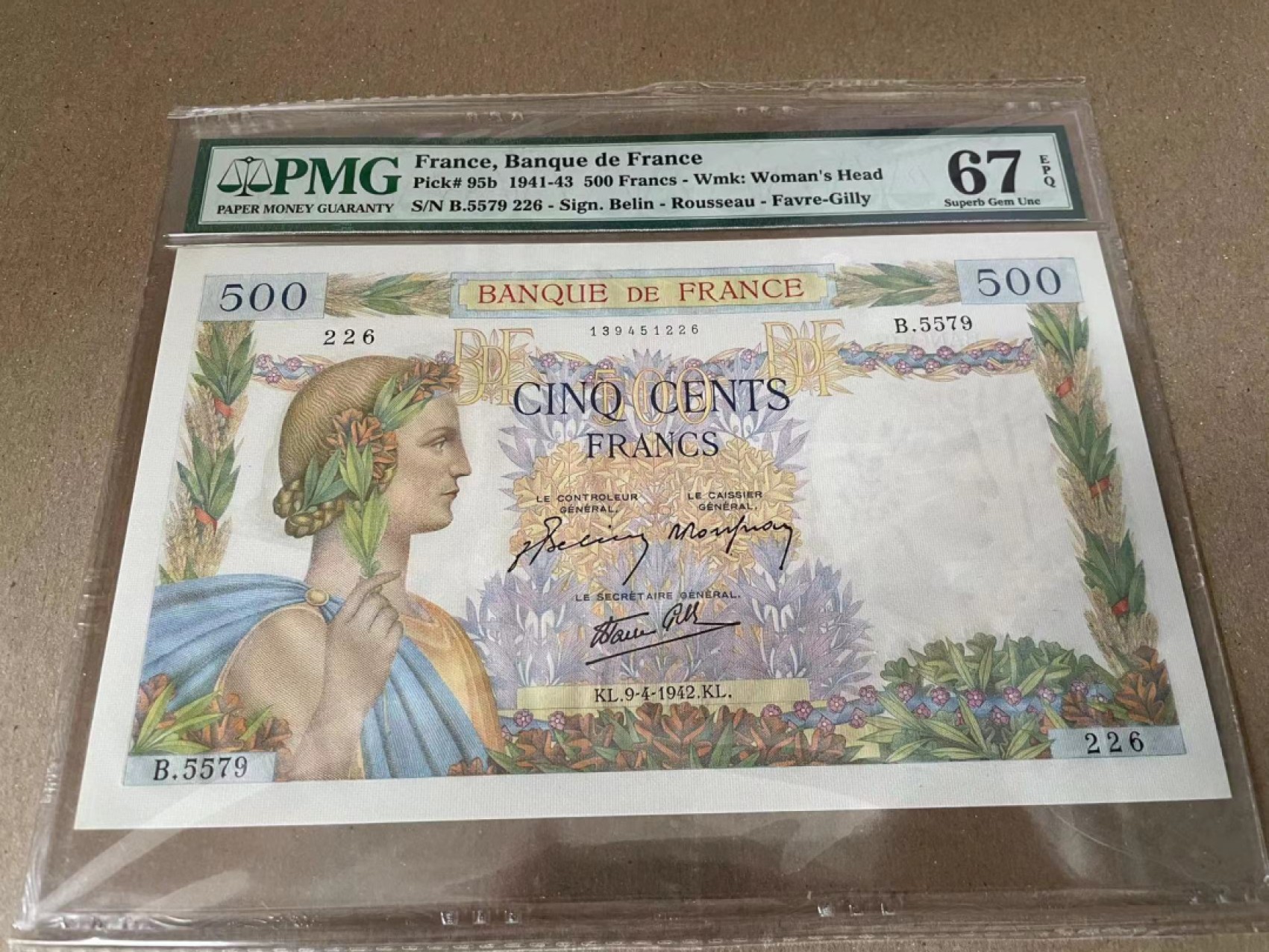 【Blue Auction】✨世界纸币精拍第186期——唯一冠军曼左尼（共77拍） 【亚军分】法国 1941-43年500法郎 PMG67EPQ 大票幅