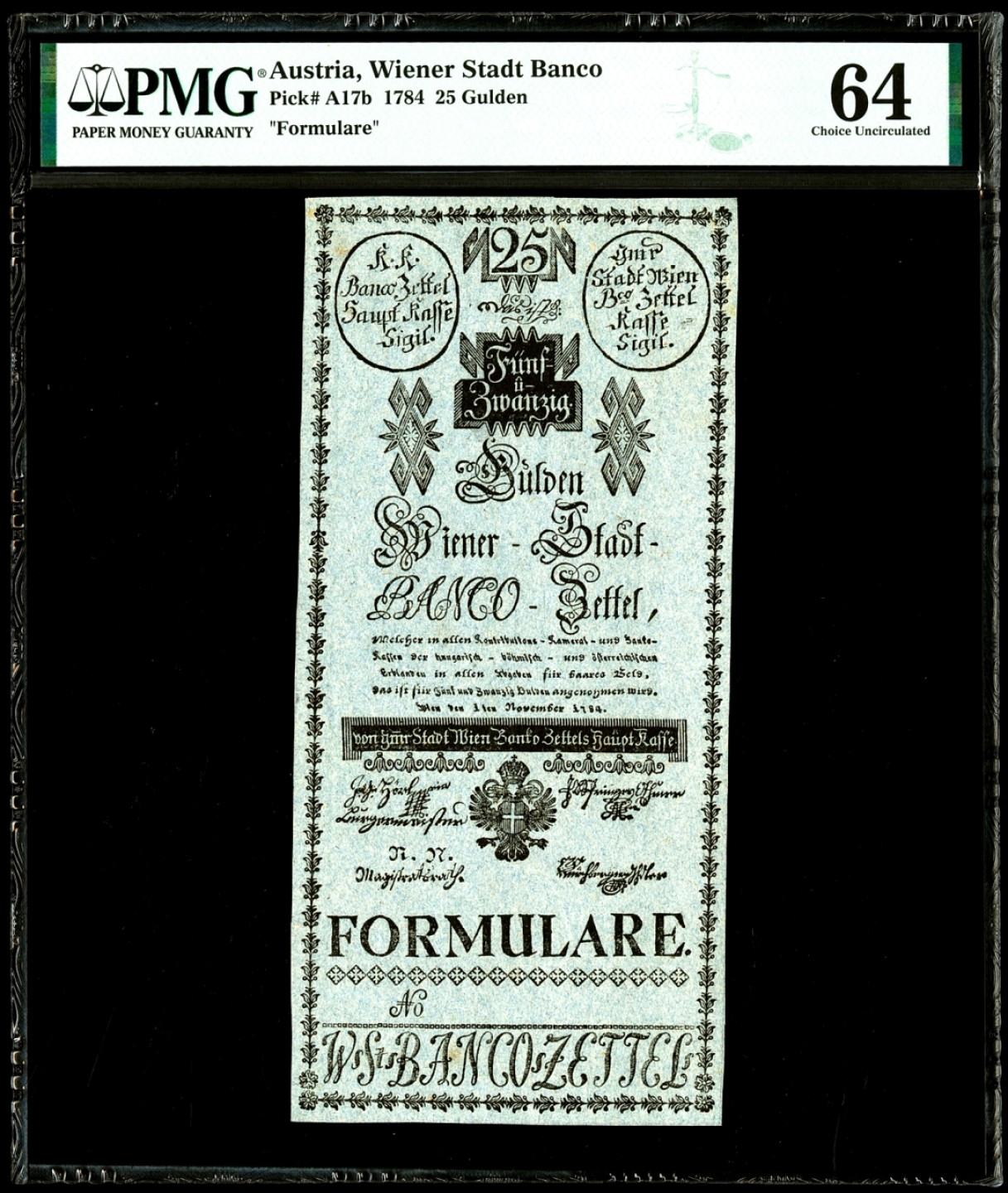 【Blue Auction】✨世界纸币精拍第186期——唯一冠军曼左尼（共77拍） 【唯一冠军分 全新非常罕见 4个世纪前的纸币】奥地利 早期 1784年25盾 PMG64 超大票幅（近A4纸大小）文物级别 