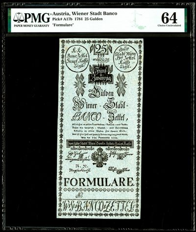 【Blue Auction】✨世界纸币精拍第186期——唯一冠军曼左尼（共77拍） - 【唯一冠军分 全新非常罕见 4个世纪前的纸币】奥地利 早期 1784年25盾 PMG64 超大票幅（近A4纸大小）文物级别 