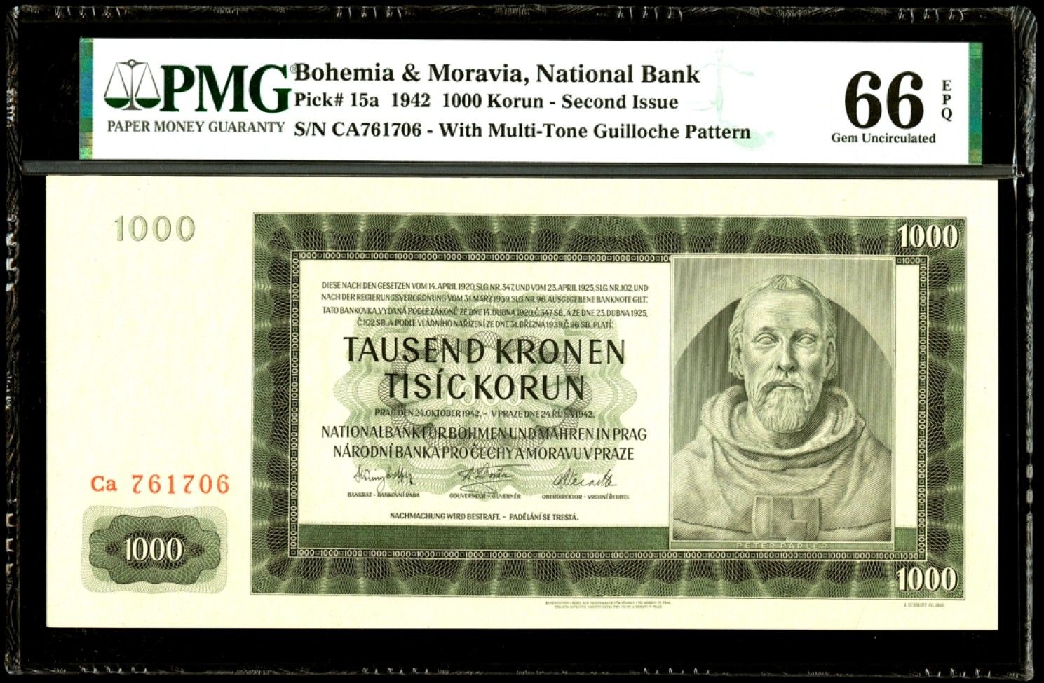 【Blue Auction】✨世界纸币精拍第186期——唯一冠军曼左尼（共77拍） 【实钞 超大票幅 与上一张连号 最后一张库存】波西米亚 p15a 1942年1000克朗 PMG66EPQ