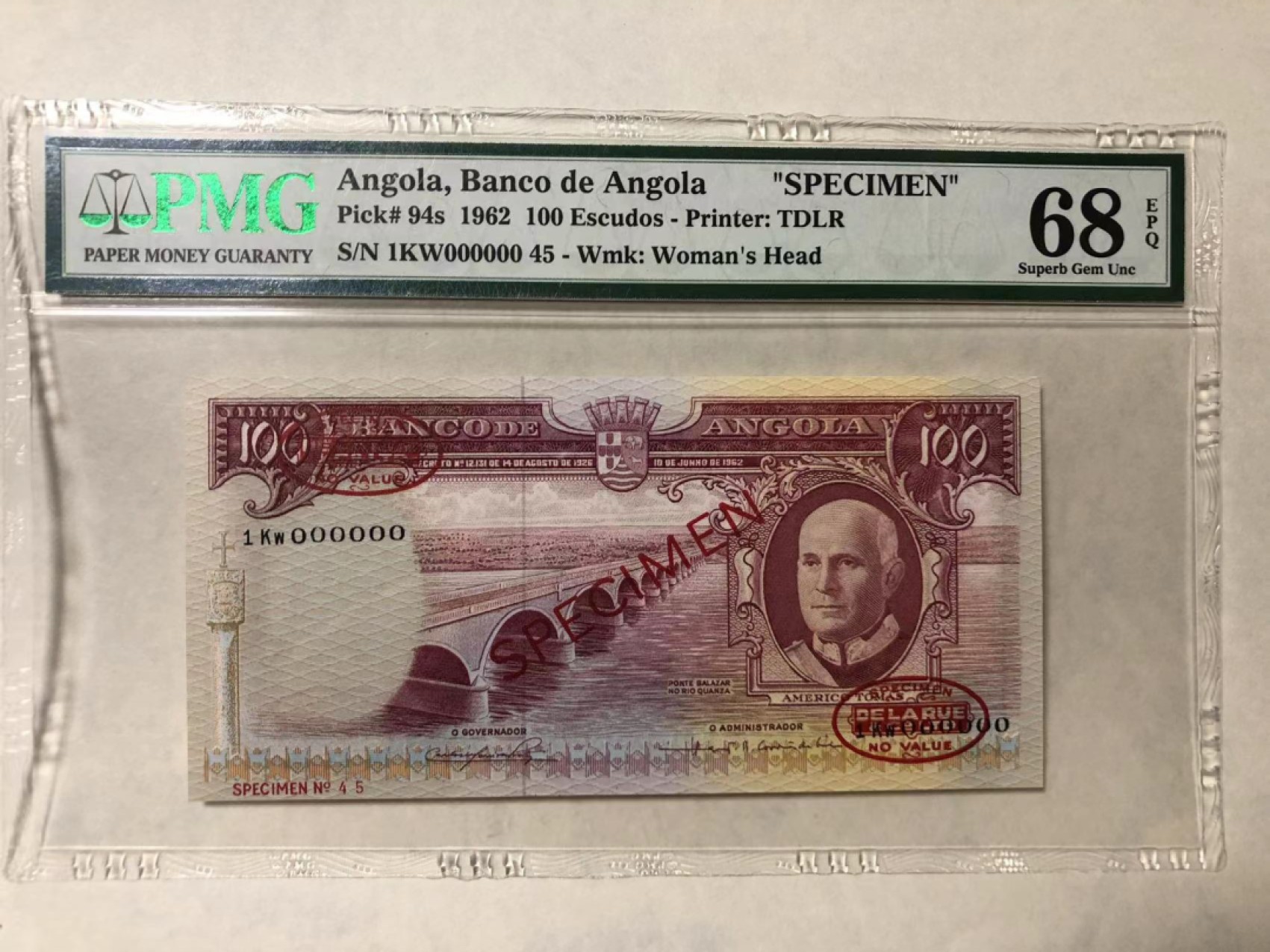 【Blue Auction】✨世界纸币精拍第186期——唯一冠军曼左尼（共77拍） 安哥拉 1962年100埃斯库多 大象群 PMG68EPQ 高分样钞