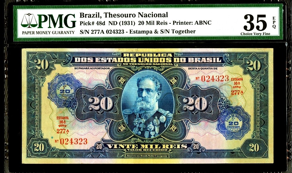 【Blue Auction】✨世界纸币精拍第186期——唯一冠军曼左尼（共77拍） 【百年风云 手签原票少见】巴西 1931年 20Mil Reis PMG35EPQ 大票幅 背面雕刻非常漂亮 美钞公司出品