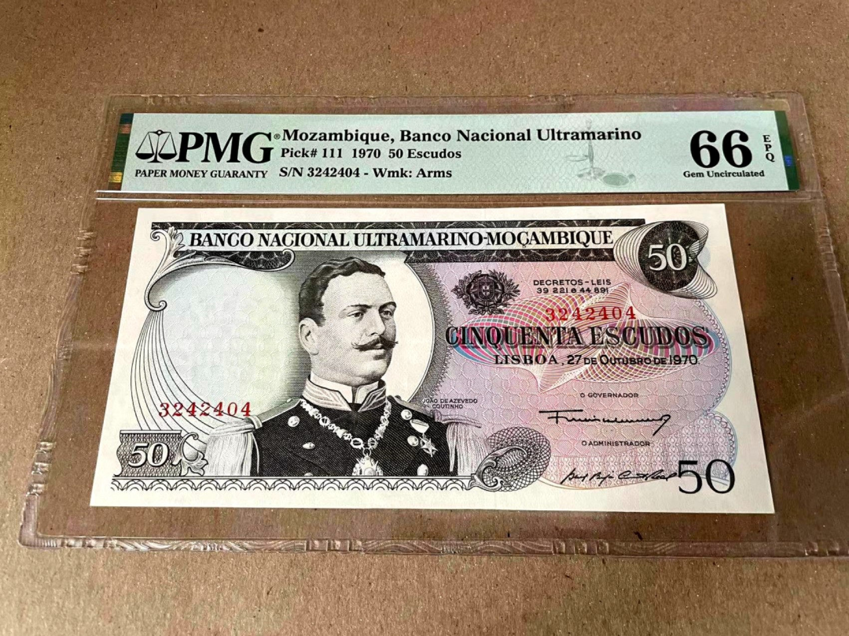 【Blue Auction】✨世界纸币精拍第186期——唯一冠军曼左尼（共77拍） 【无加盖版稀少】莫桑比克 1970年50埃斯库多 PMG66EPQ