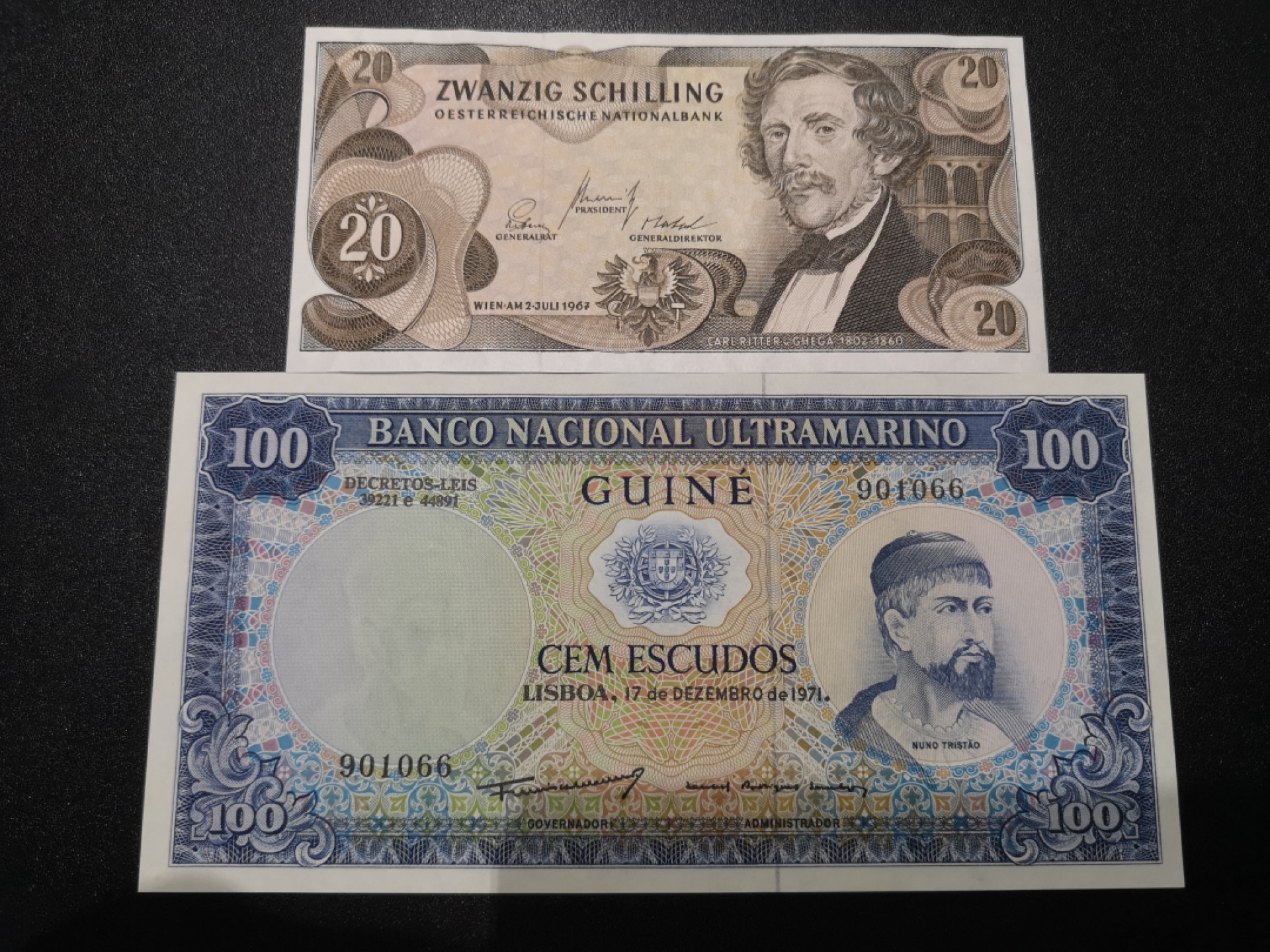 《外钞收藏家》第一百七十九期拍卖 奥地利20先令和葡属几内亚100 两张一起 全新 奥地利有轻微压痕
