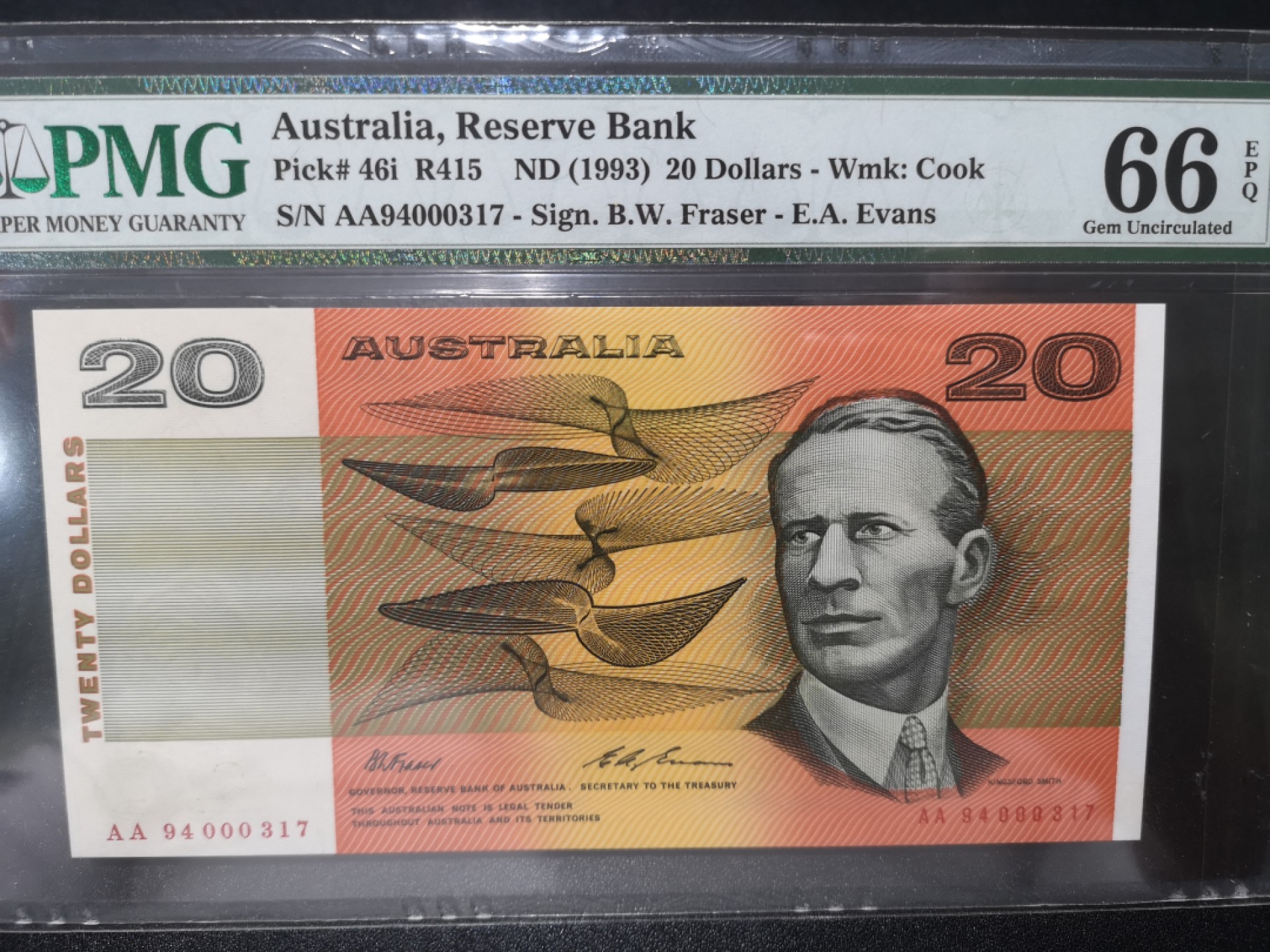《外钞收藏家》第一百七十九期拍卖 1994年澳大利亚20元 PMG66 AA冠317号 纪念钞 与上一张同号
