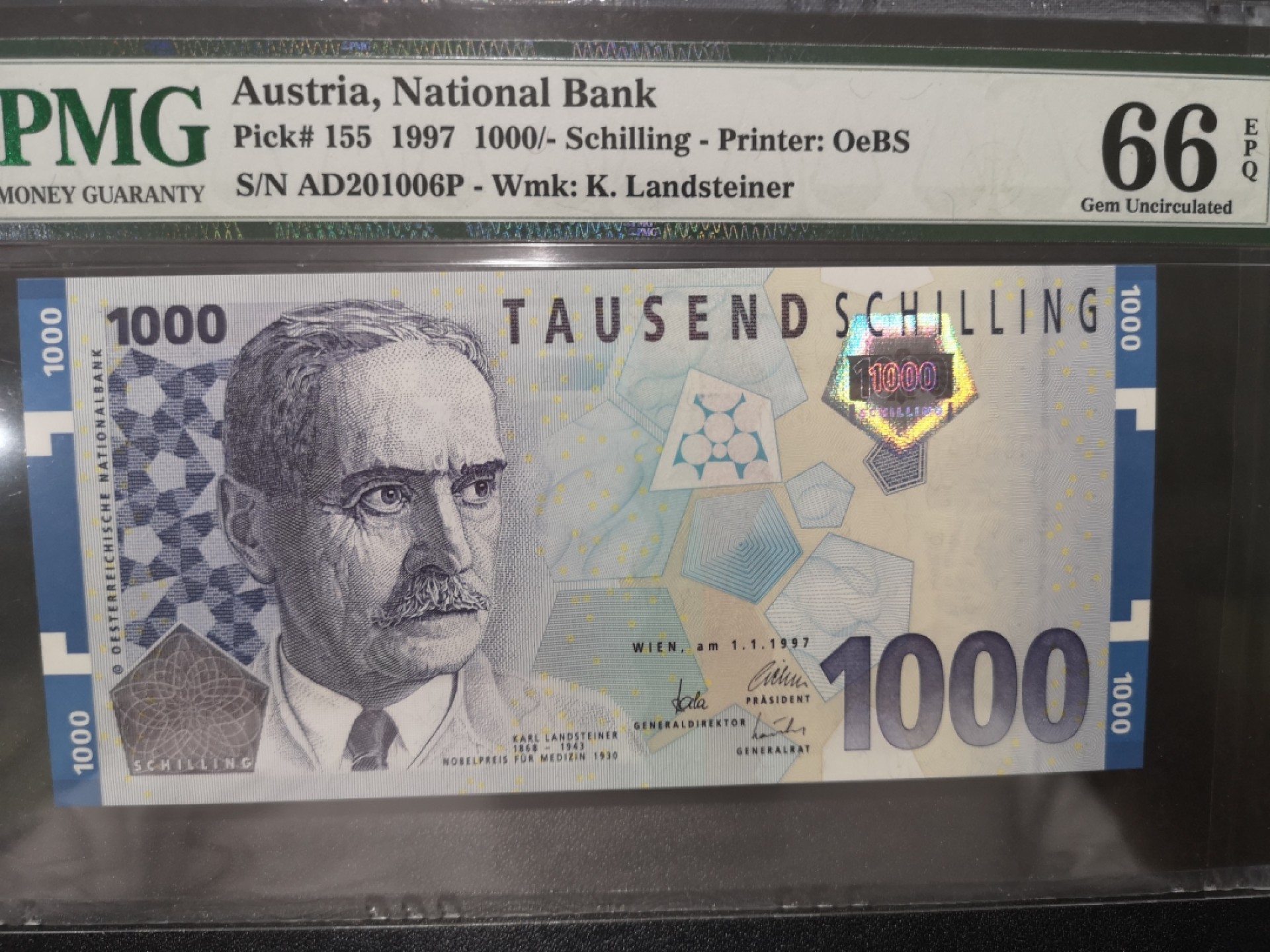 《外钞收藏家》第一百七十九期拍卖 1997年奥地利末版1000先令 PMG66 无47 靓号