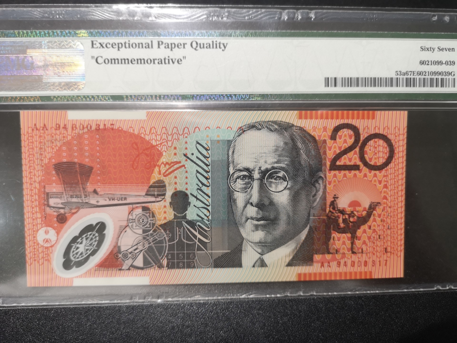 《外钞收藏家》第一百七十九期拍卖 1994年澳大利亚20元 PMG67 AA冠317号 纪念钞