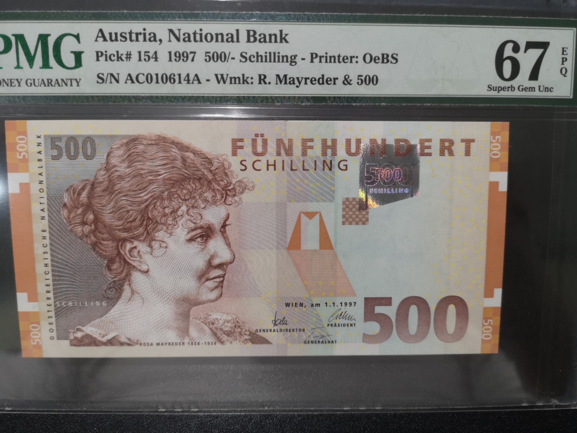 《外钞收藏家》第一百七十九期拍卖 1997年奥地利末版500先令 PMG67