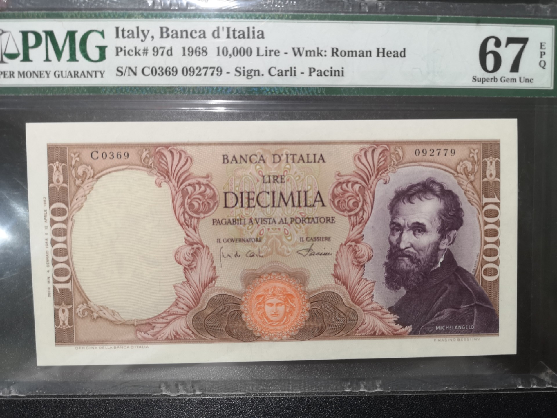 《外钞收藏家》第一百七十九期拍卖 1968年意大利10000里拉 PMG67 米开朗基罗