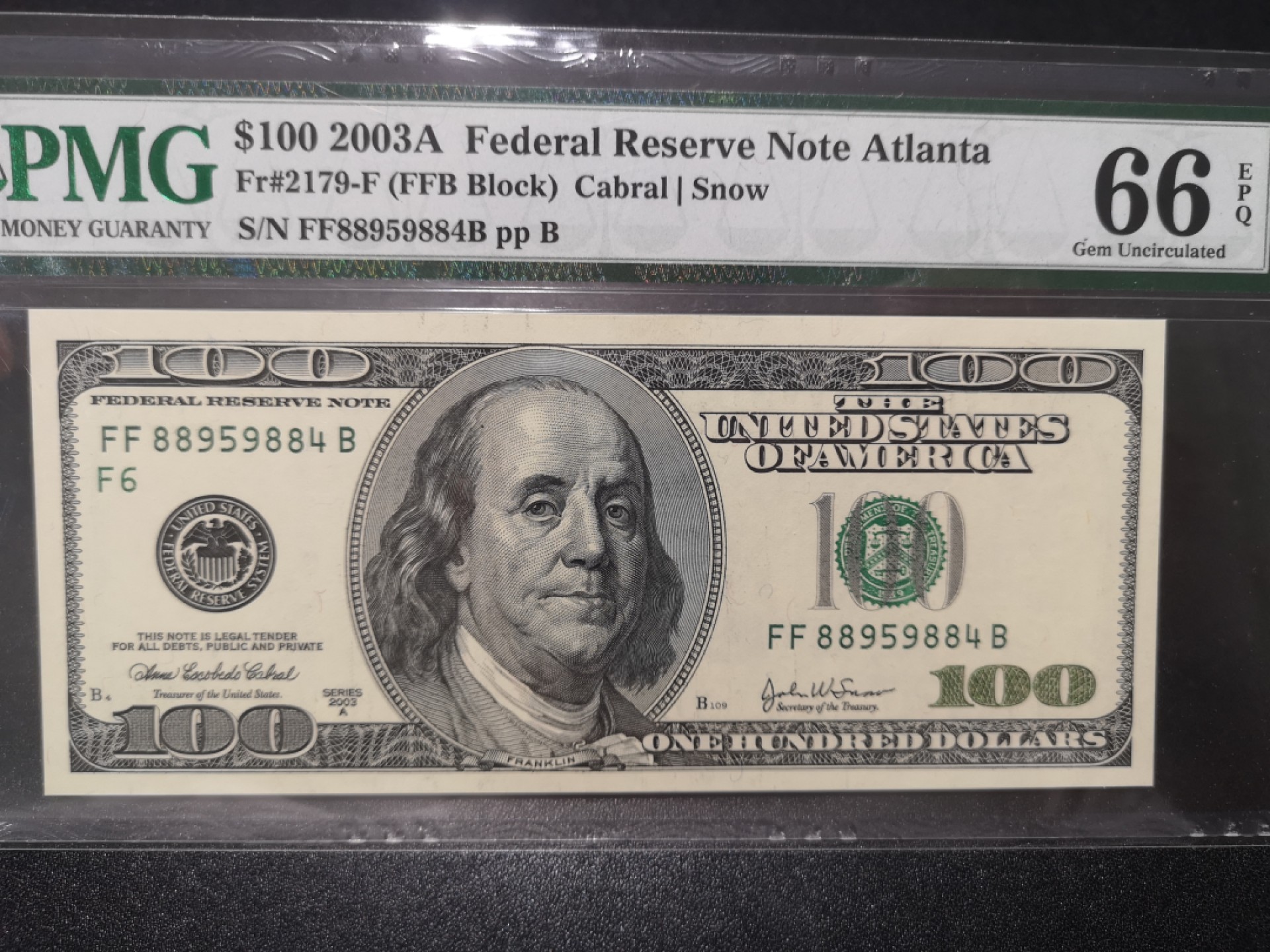 《外钞收藏家》第一百七十九期拍卖 2003A大头100美元 PMG66