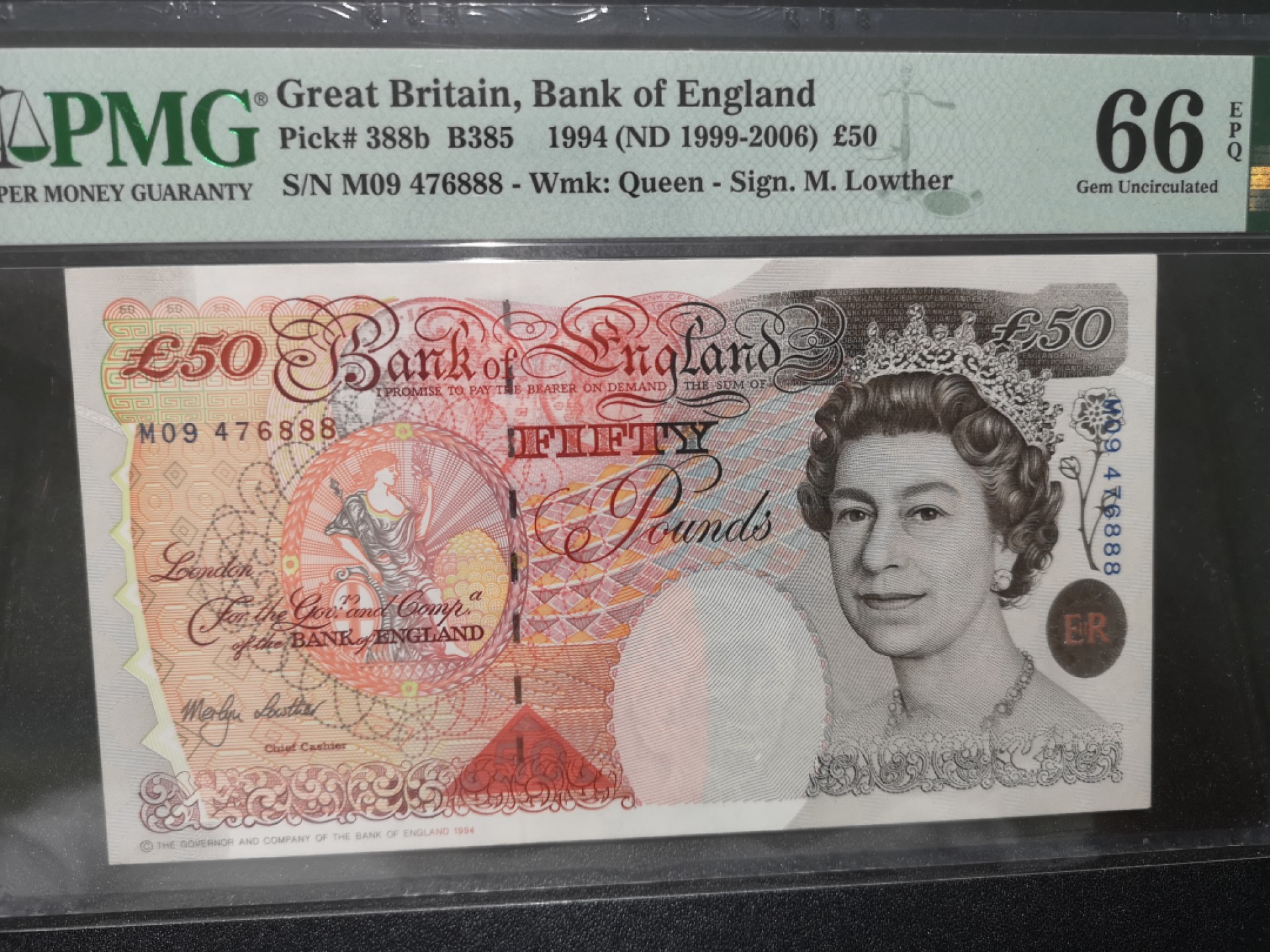 《外钞收藏家》第一百七十九期拍卖 1994年英国R序列50镑 PMG66 豹子号888