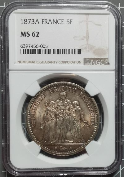 🌍奇货可居🌏 第九场 世界钱币专场 【NGC和裸币】 - NGC MS62 法国大力神1873年A版5法郎