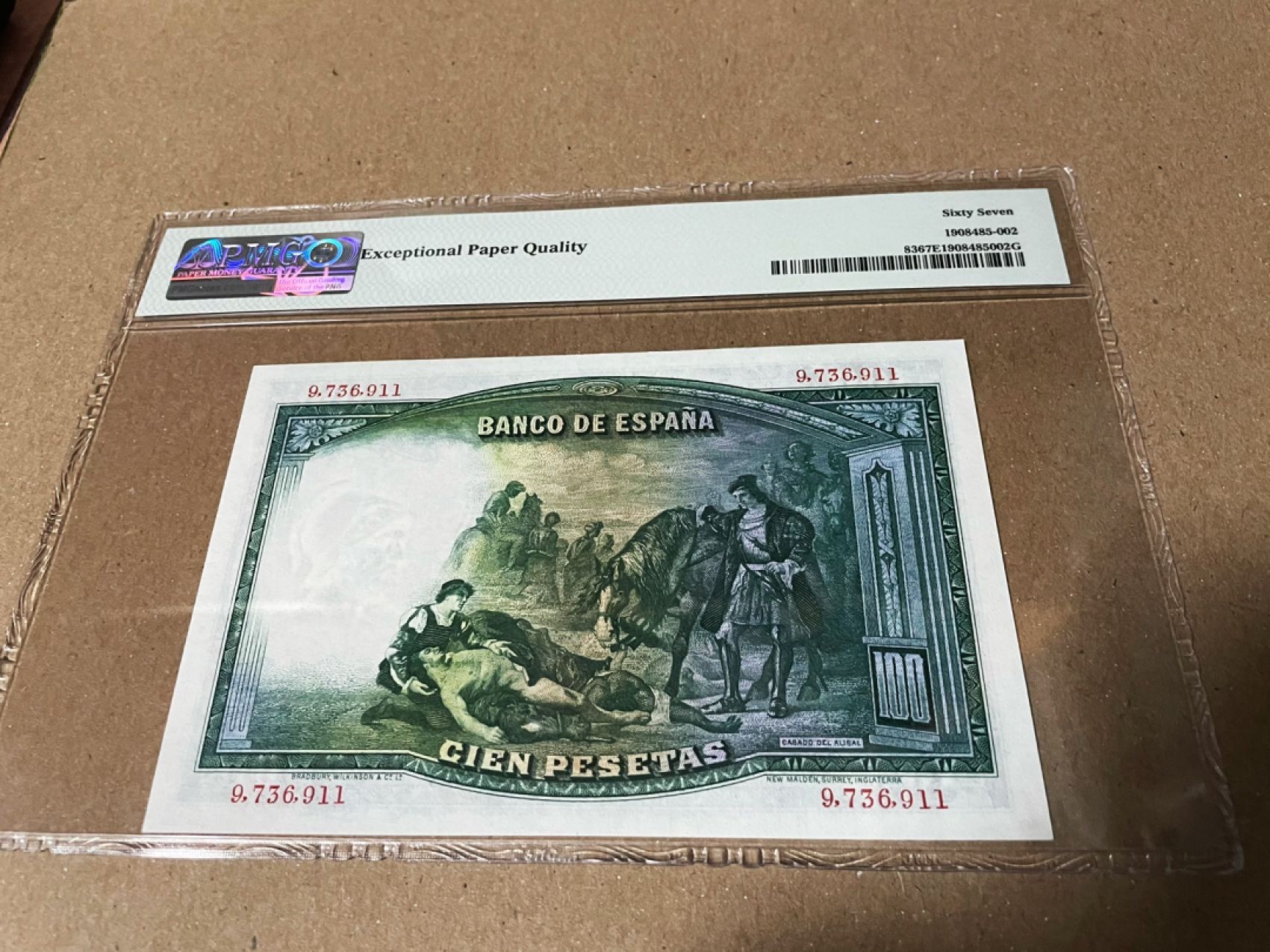 【Blue Auction】✨世界纸币精拍第186期——唯一冠军曼左尼（共77拍） 【仅一张更高分】西班牙 1931年100比塞塔 PMG67EPQ BWC出品 非常漂亮