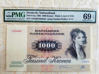  【Blue Auction】世界纸币精拍第187期——印度新金山渣打银行 （共90拍） - 【冠军分 仅2张 让人冲动的纸币】丹麦 1992年1000克朗 经典大松鼠 非常精美 高分难求 PMG69EPQ 