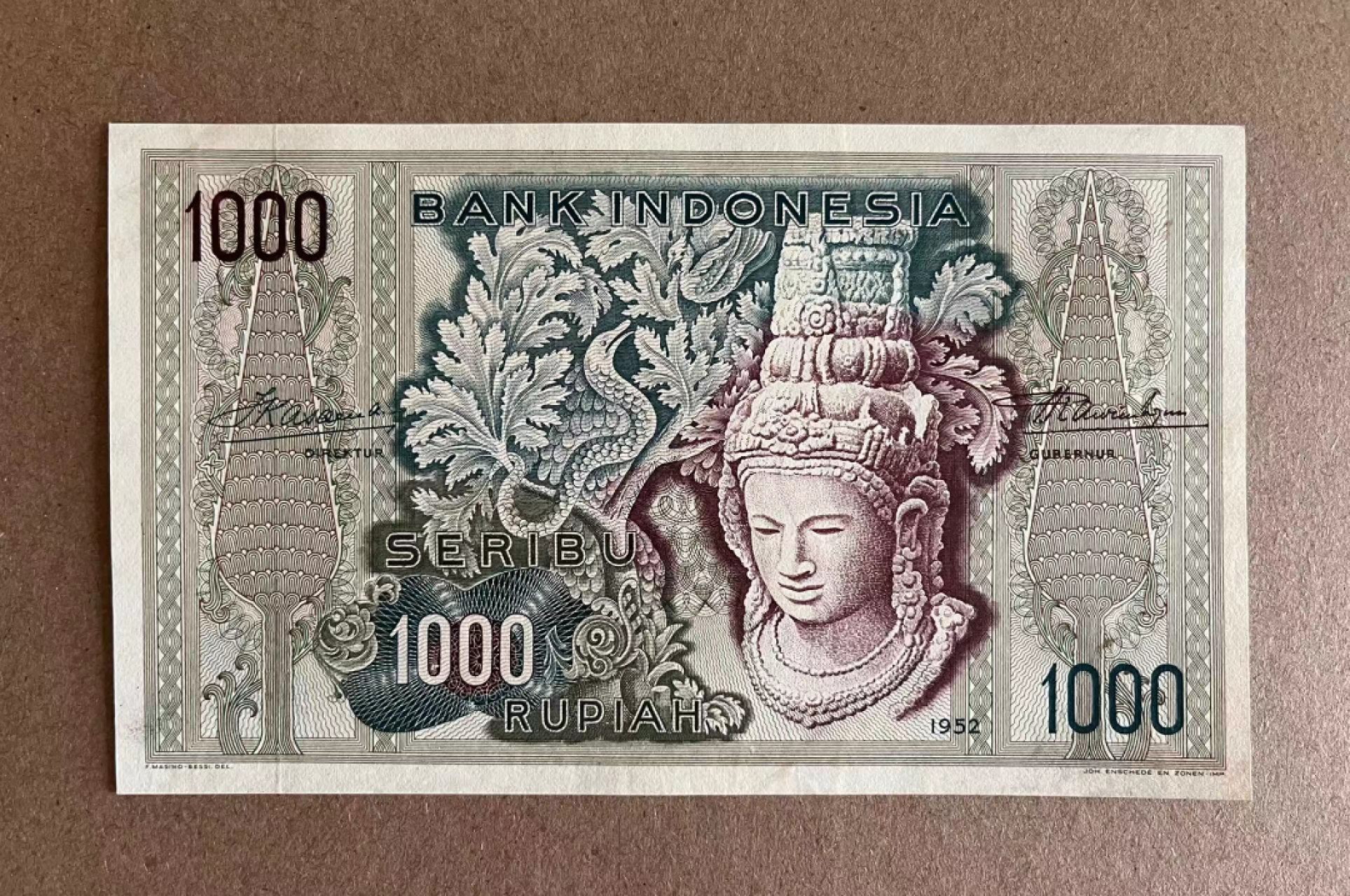  【Blue Auction】世界纸币精拍第187期——印度新金山渣打银行 （共90拍） 印尼 1952年1000卢比 最高值 AU品相 经典佛头