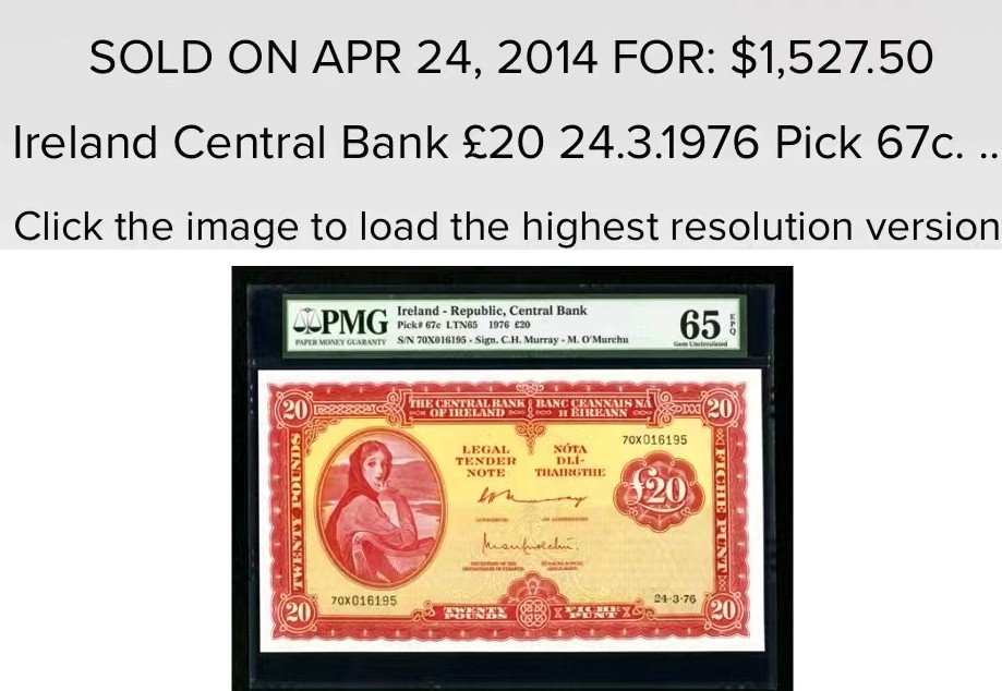  【Blue Auction】世界纸币精拍第187期——印度新金山渣打银行 （共90拍） 【背标 great color上涨品种】爱尔兰A序列1976年20镑 PMG65EPQ 经典拉弗雷夫人 超大票幅 精美 