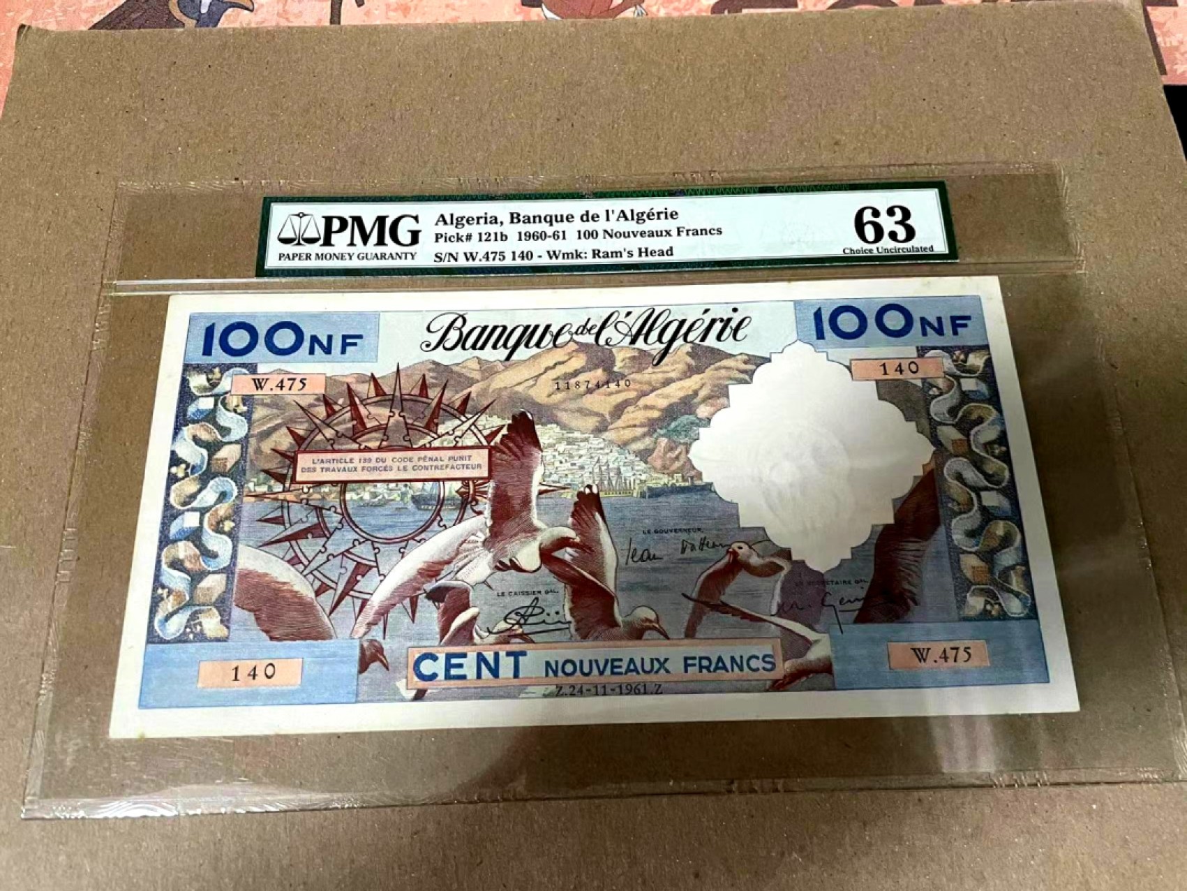  【Blue Auction】世界纸币精拍第187期——印度新金山渣打银行 （共90拍） 【亚军分 非常罕见】阿尔及利亚 1960-61年100新法郎 港口 海鸥 超大票幅 PMG63 异常精美 与大船同套 值得收藏