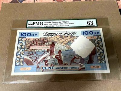  【Blue Auction】世界纸币精拍第187期——印度新金山渣打银行 （共90拍） - 【亚军分 非常罕见】阿尔及利亚 1960-61年100新法郎 港口 海鸥 超大票幅 PMG63 异常精美 与大船同套 值得收藏
