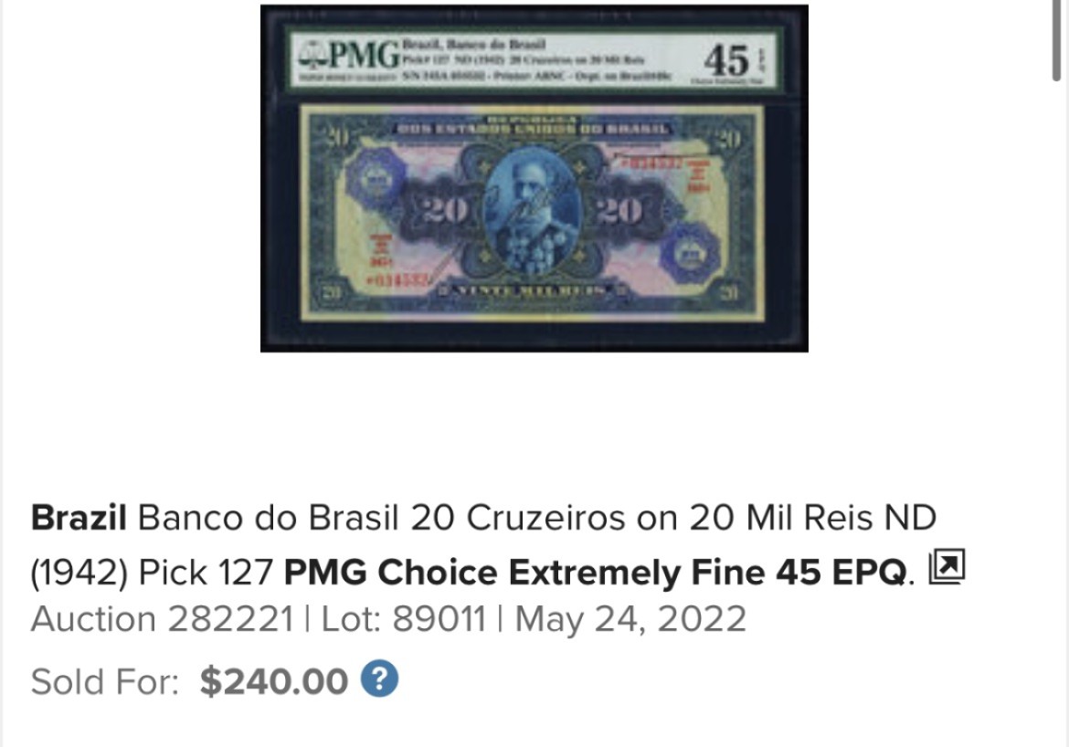 【Blue Auction】✨世界纸币精拍第186期——唯一冠军曼左尼（共77拍） 【百年风云 手签原票少见】巴西 1931年 20Mil Reis PMG35EPQ 大票幅 背面雕刻非常漂亮 美钞公司出品