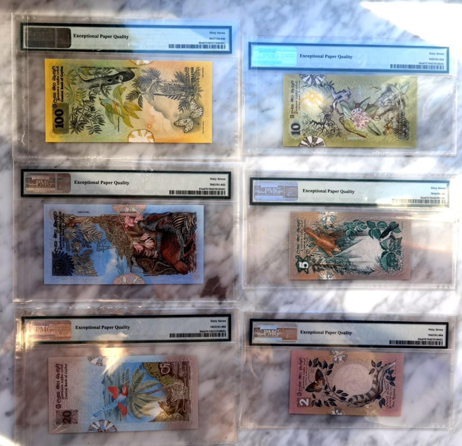  【Blue Auction】世界纸币精拍第187期——印度新金山渣打银行 （共90拍）  【一组6张全套 大金鸟为000豹子号】斯里兰卡 1979年 经典花鸟套 2-100卢比 均PMG67EPQ 高分