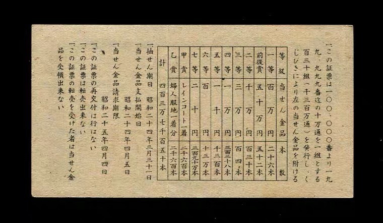 世界钱币收藏总仓 日本彩票 昭和24年 日本政府第三回宝くじ 金叁拾圆
