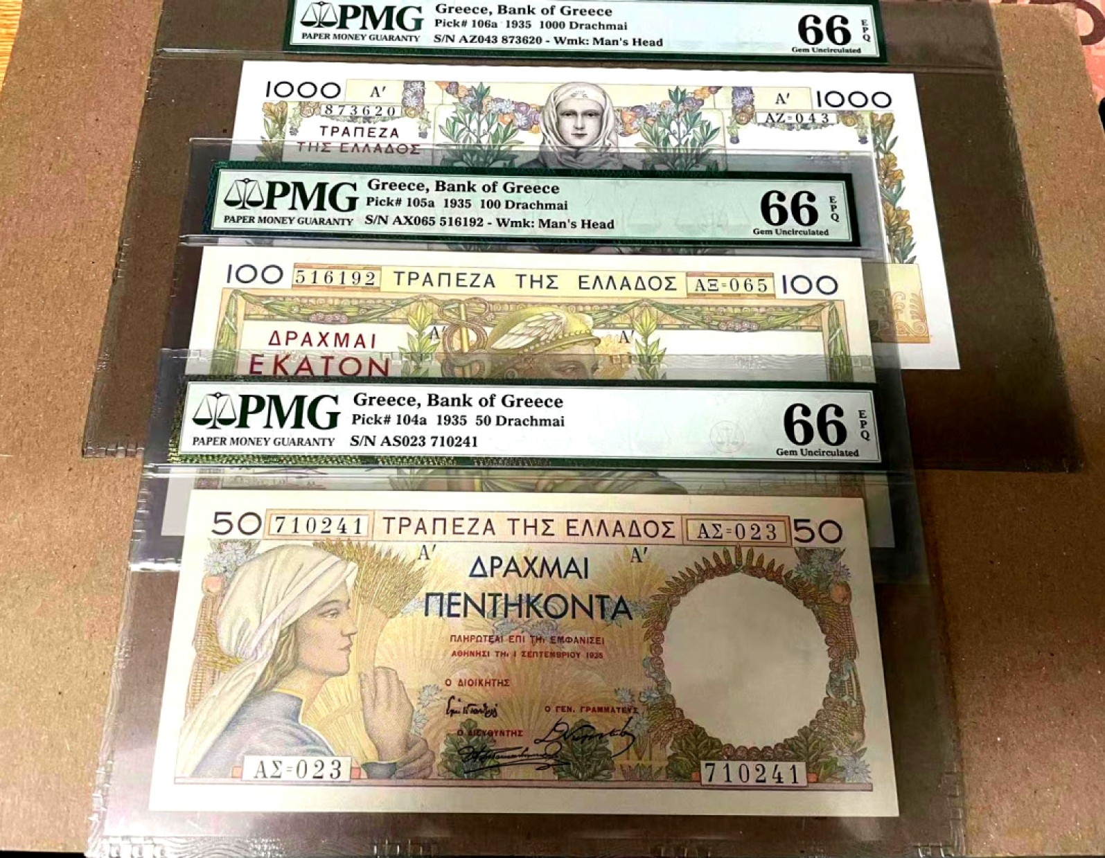  【Blue Auction】世界纸币精拍第187期——印度新金山渣打银行 （共90拍） 【一组3张全套】希腊 1935年50-100-1000德拉科马 经典法属风 PMG66EPQ 高分