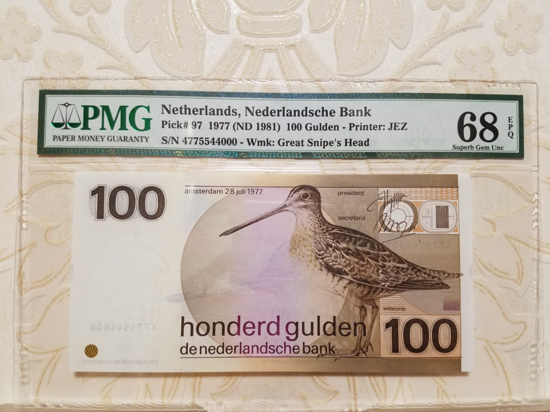  【Blue Auction】世界纸币精拍第187期——印度新金山渣打银行 （共90拍） 【豹子号少见 亚军分】荷兰 1981年100盾 水鸟 PMG68EPQ 高分