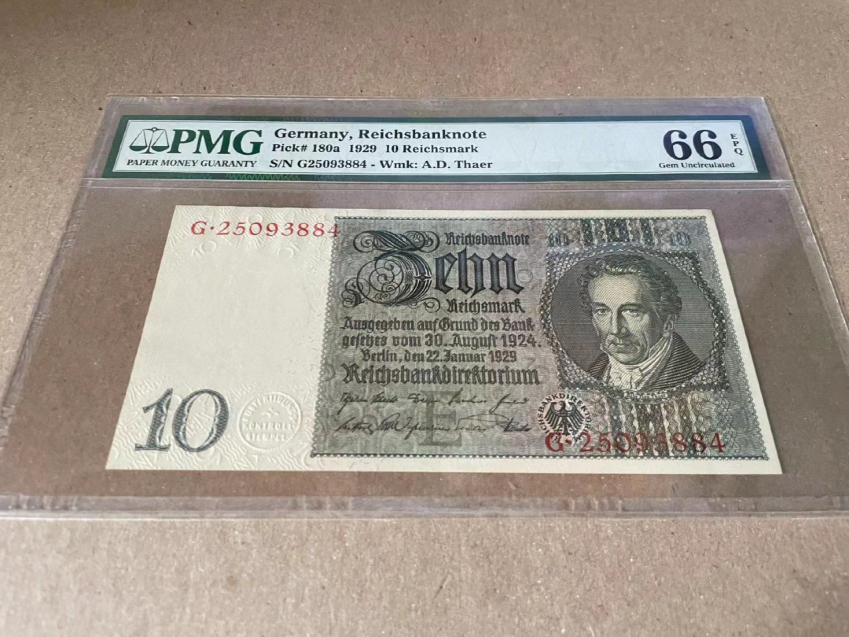  【Blue Auction】世界纸币精拍第187期——印度新金山渣打银行 （共90拍） 德国 1929年10马克 PMG66EPQ