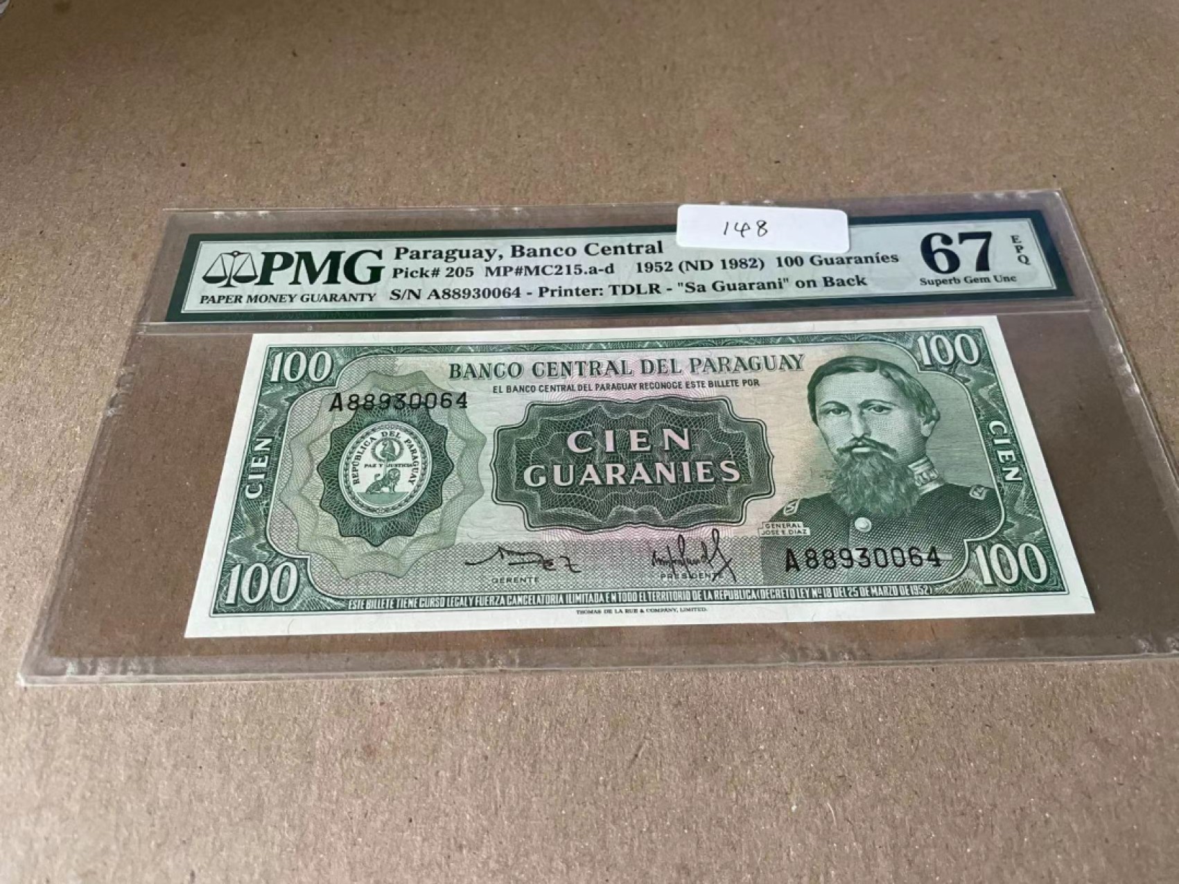  【Blue Auction】世界纸币精拍第187期——印度新金山渣打银行 （共90拍） 巴拉圭 1952年100G PMG67EPQ 