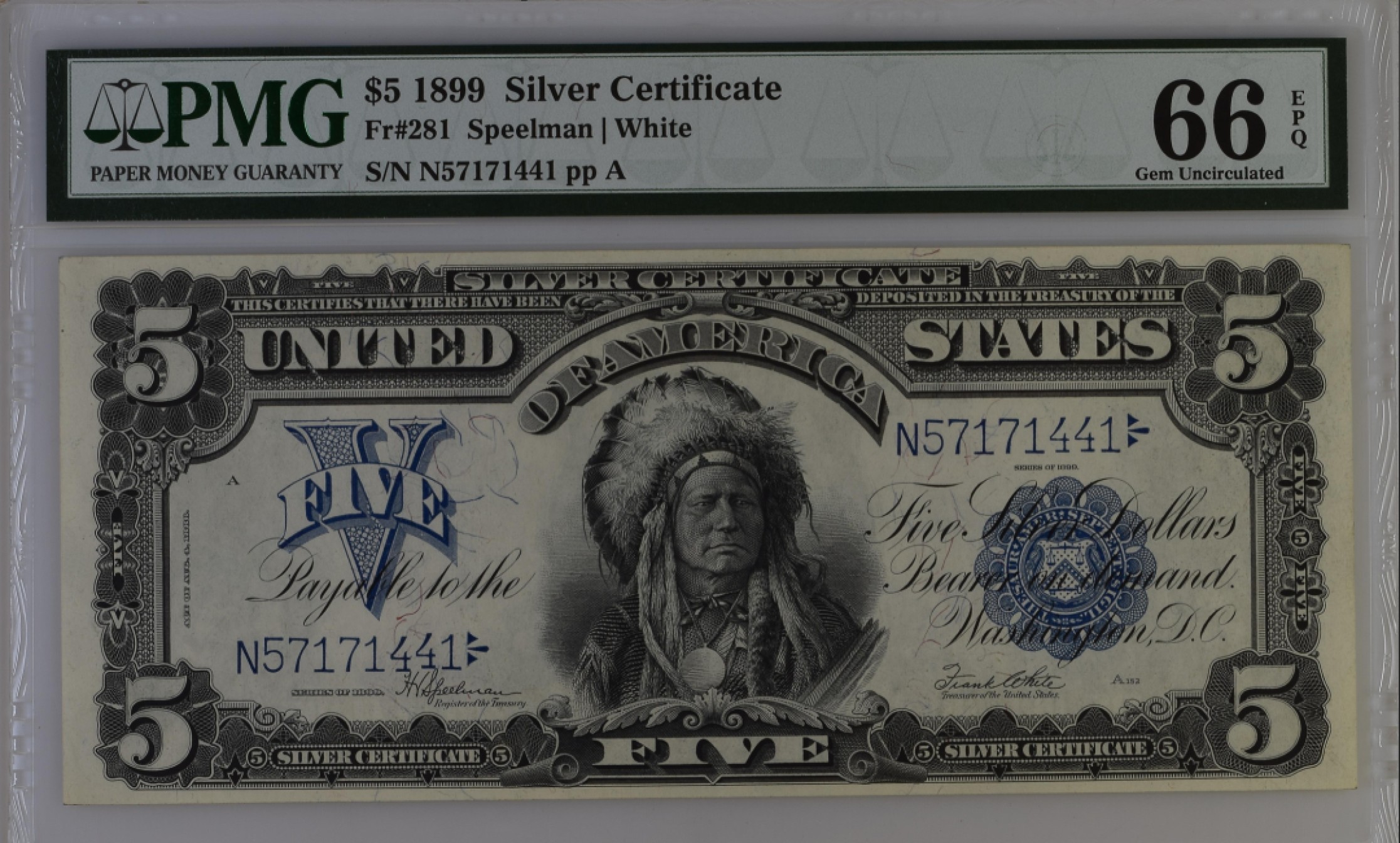 收藏联盟165期拍卖 综合场大拍 欢迎送拍 大拍佣金有返还哦 1899年美国大票幅银元券5元 酋长券 PMG66E