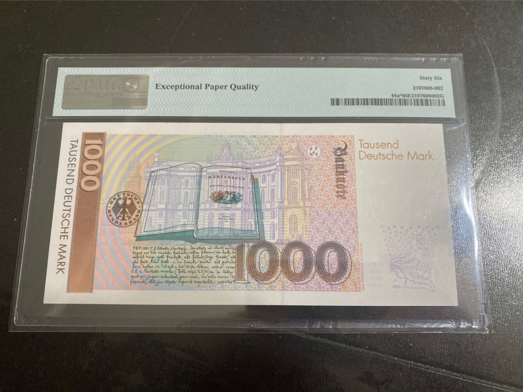 收藏联盟165期拍卖 综合场大拍 欢迎送拍 大拍佣金有返还哦 1991年联邦德国1000马克 稀少初版补号YA冠 PMG66E