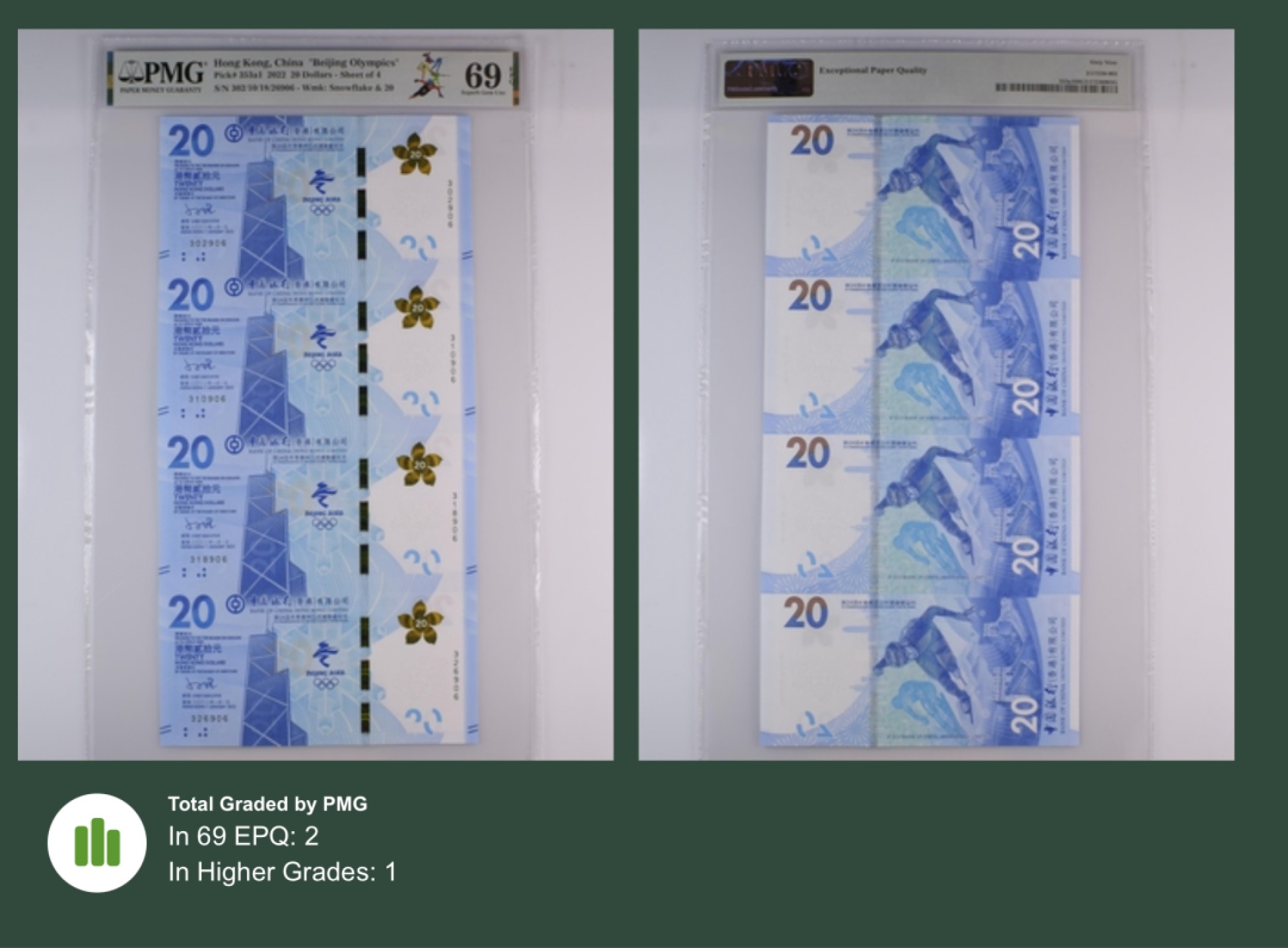 收藏联盟165期拍卖 综合场大拍 欢迎送拍 大拍佣金有返还哦 2022年香港冬奥纪念钞四连体 全程无47 PMG69E高分 高分稀少