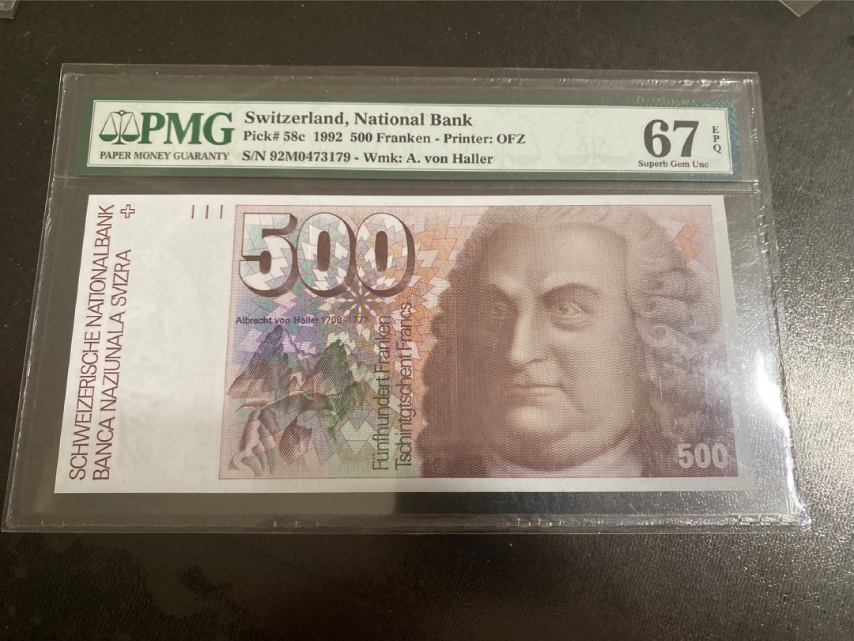 收藏联盟165期拍卖 综合场大拍 欢迎送拍 大拍佣金有返还哦 1992年瑞士500法郎 大胖子 PMG67E