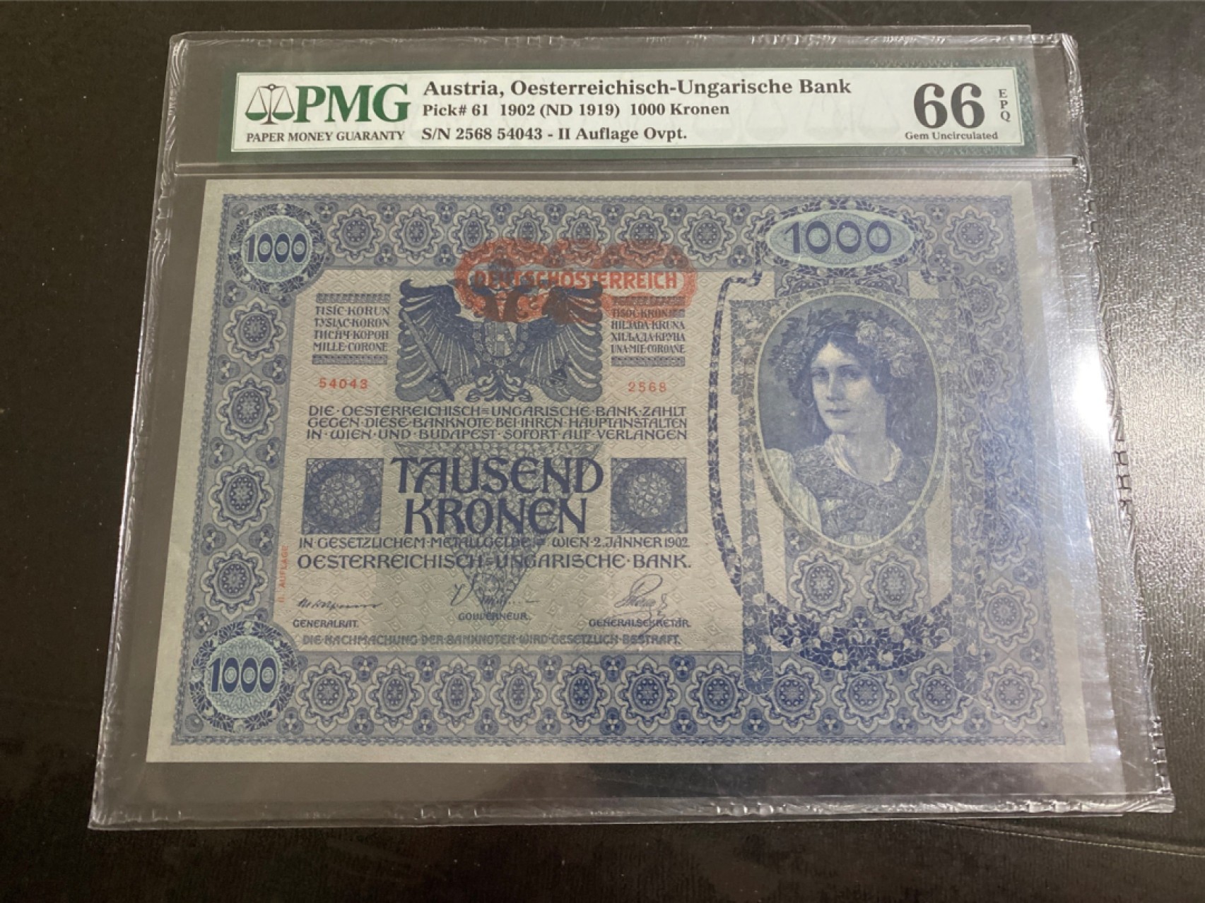 收藏联盟165期拍卖 综合场大拍 欢迎送拍 大拍佣金有返还哦 1902年奥地利1000克朗 大票幅百年老钞票 PMG66E冠军分