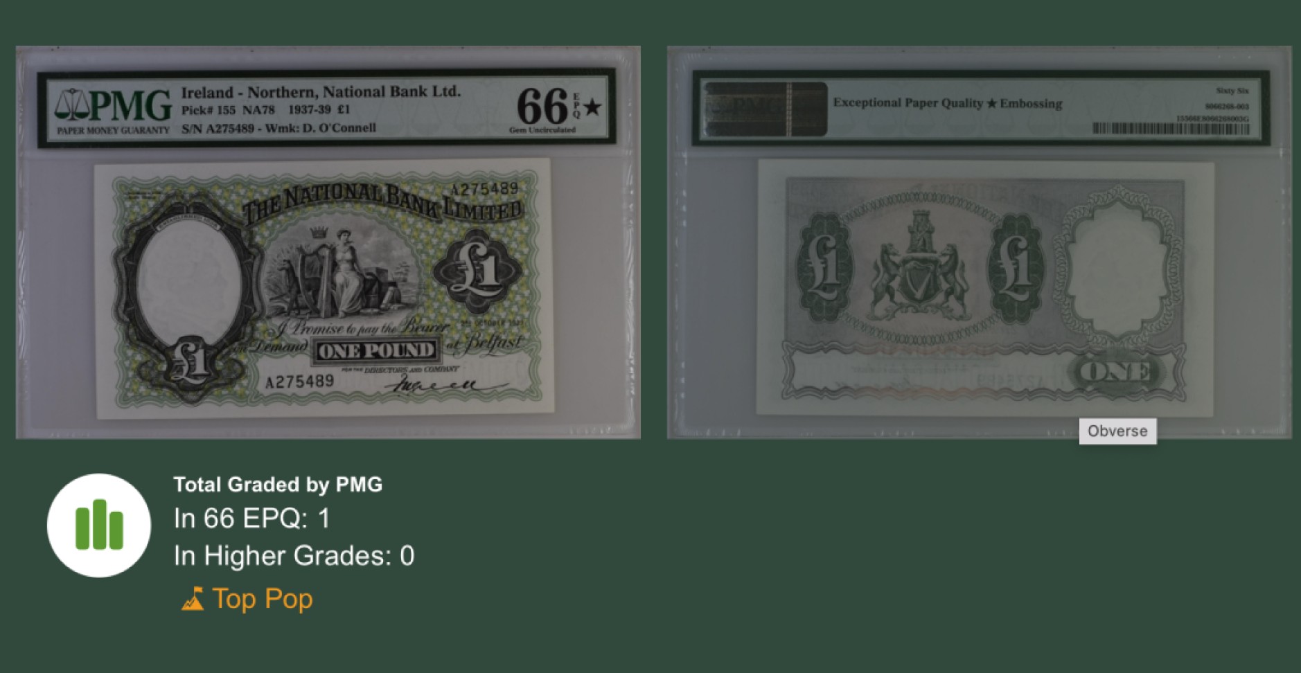 收藏联盟165期拍卖 综合场大拍 欢迎送拍 大拍佣金有返还哦 1939年北爱尔兰1镑 PMG66E加星 唯一冠军