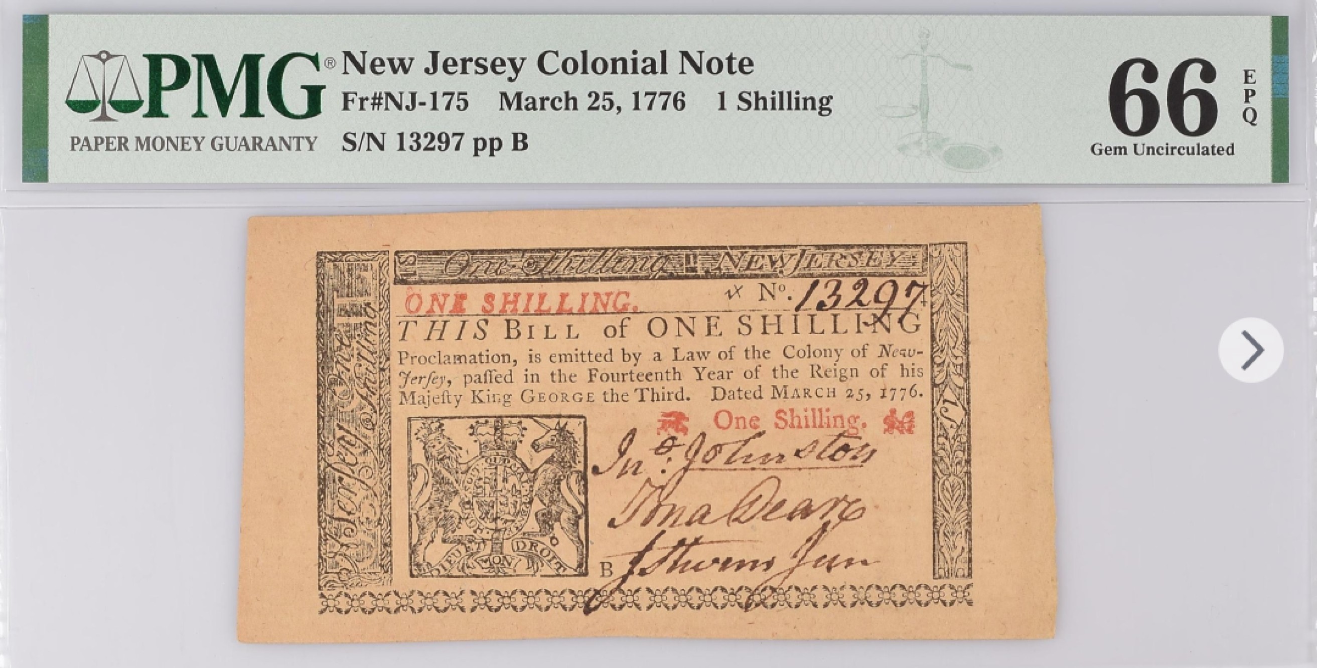 收藏联盟165期拍卖 综合场大拍 欢迎送拍 大拍佣金有返还哦 1776年美国1先令 开国古董纸币 PMG66E仅两枚更高分极稀少