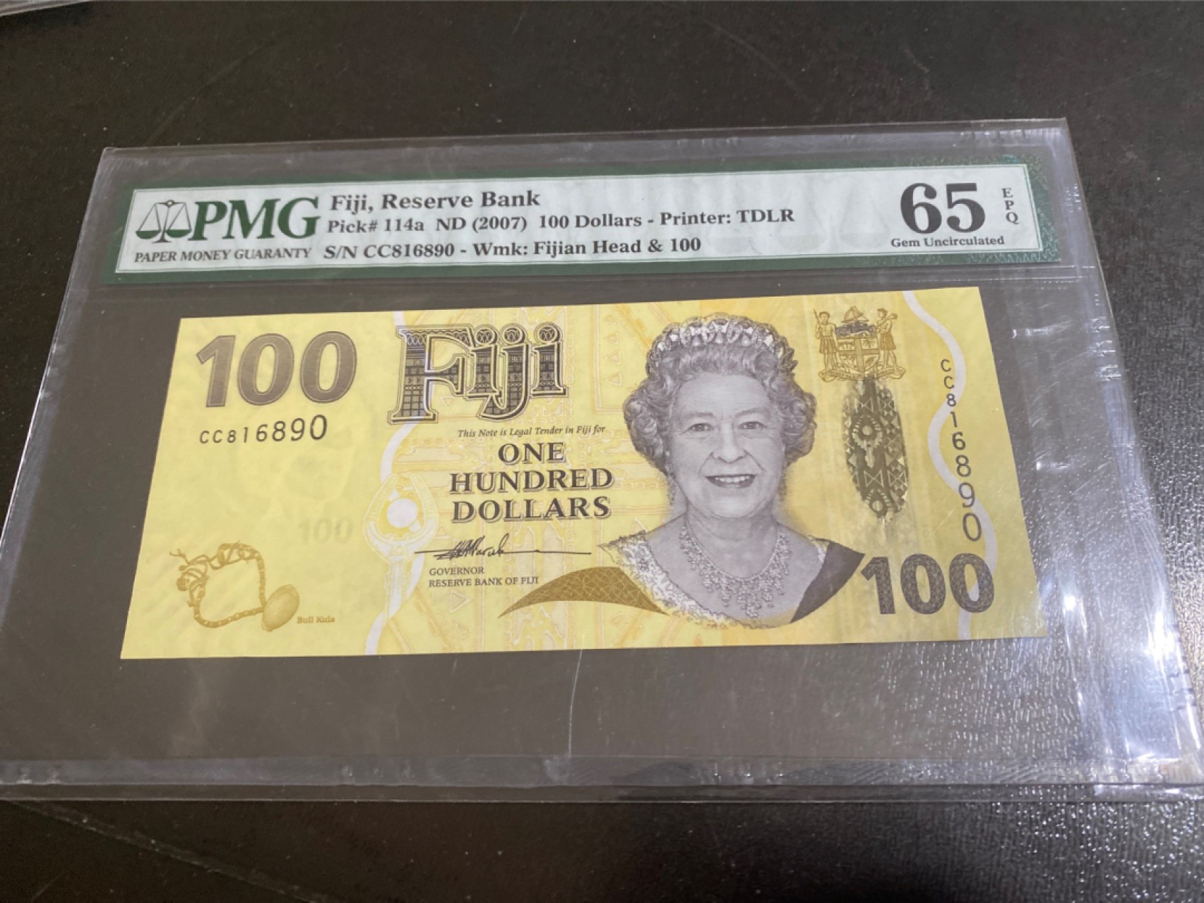 收藏联盟165期拍卖 综合场大拍 欢迎送拍 大拍佣金有返还哦 2007年斐济100元 女王钞 倒置号靓号 PMG65E