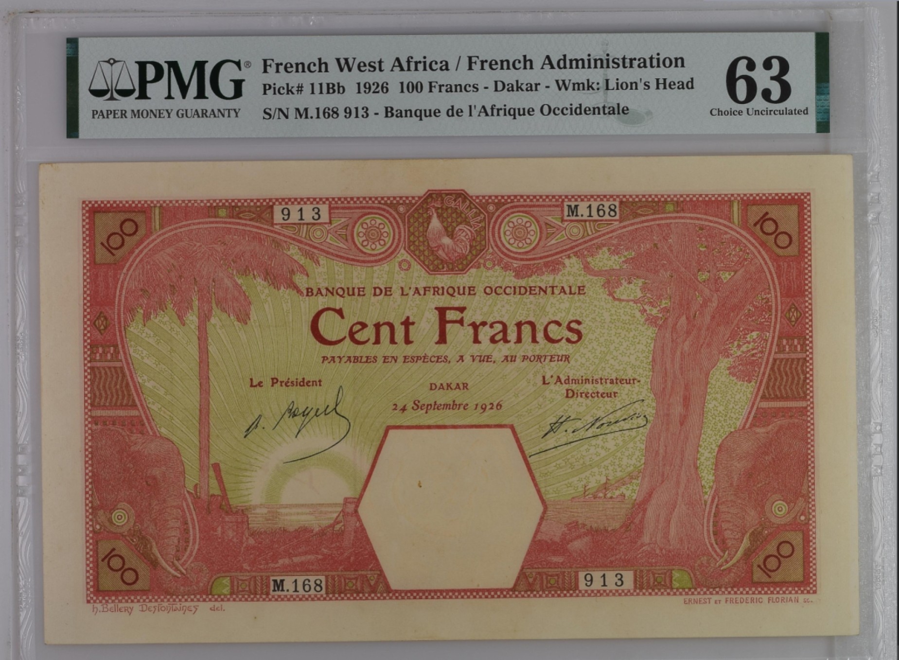收藏联盟165期拍卖 综合场大拍 欢迎送拍 大拍佣金有返还哦 1926年法属西非100法郎 大票幅 极稀少冠军分大珍PMG63 亚军为55分