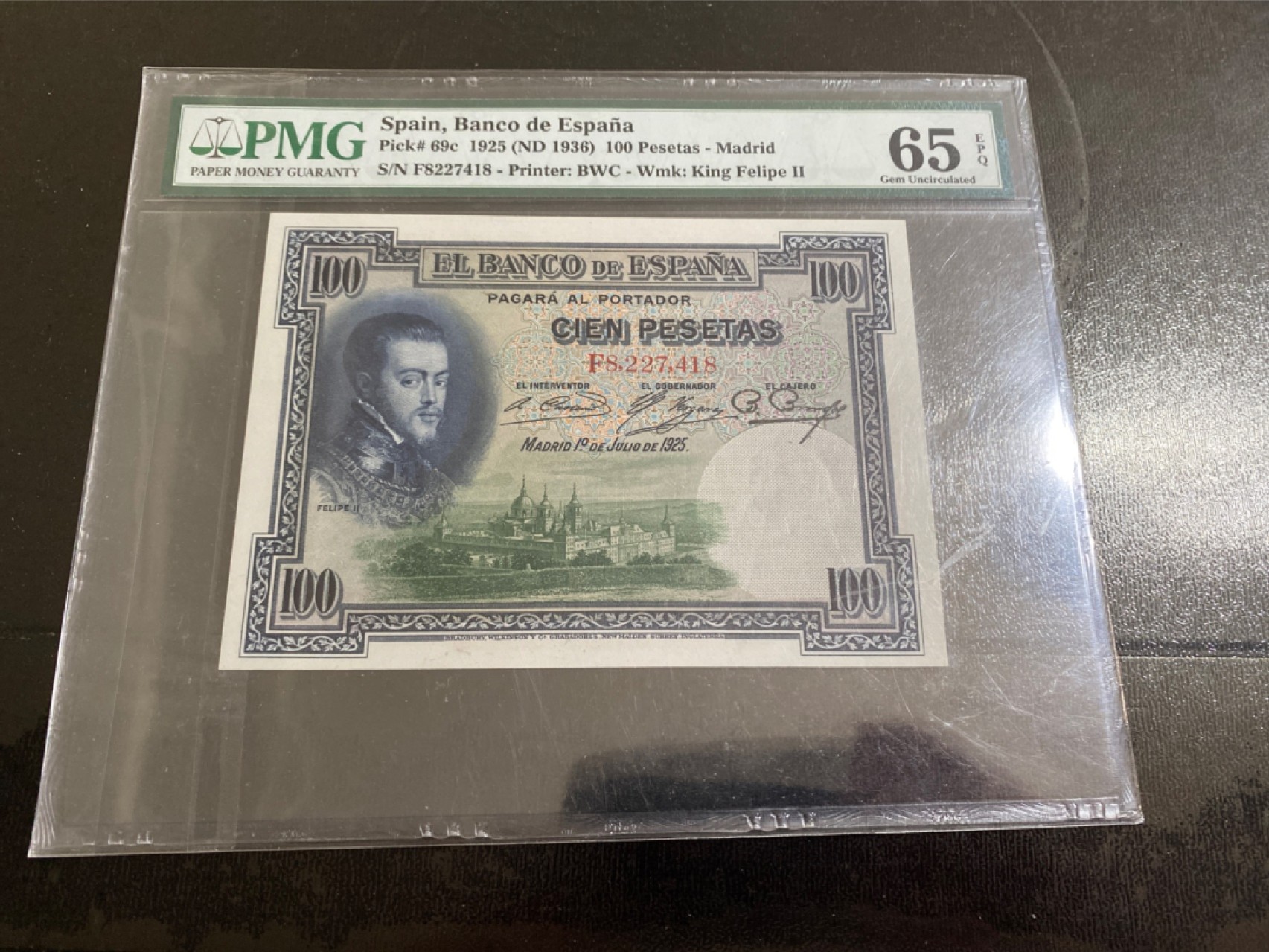 收藏联盟164期拍卖 综合场今晚七点开拍 漏还很多等您来 1925年西班牙100比塞塔 大票幅大方块PMG65E