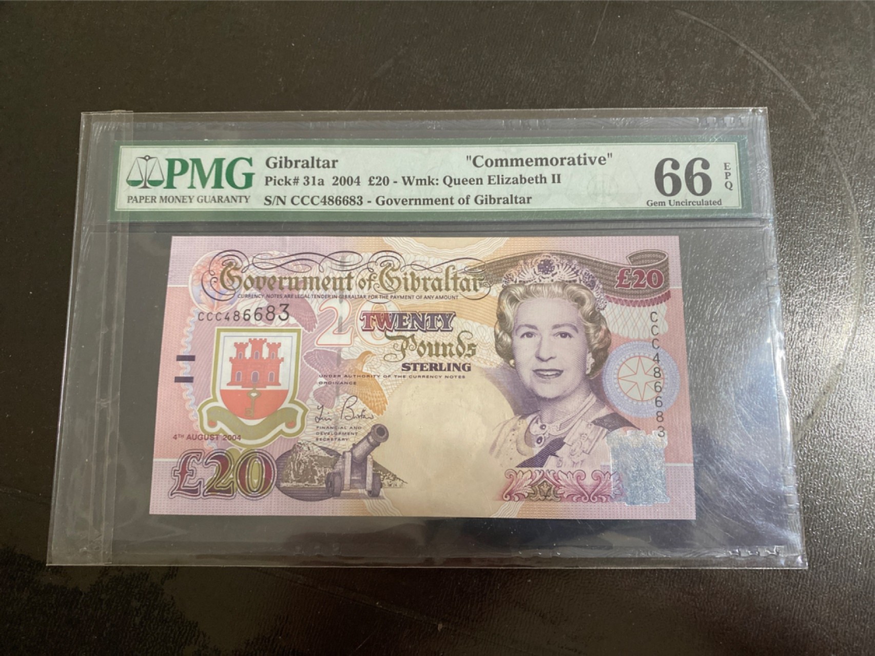 收藏联盟164期拍卖 综合场今晚七点开拍 漏还很多等您来 2004年直布罗陀20镑 纪念钞 PMG66E