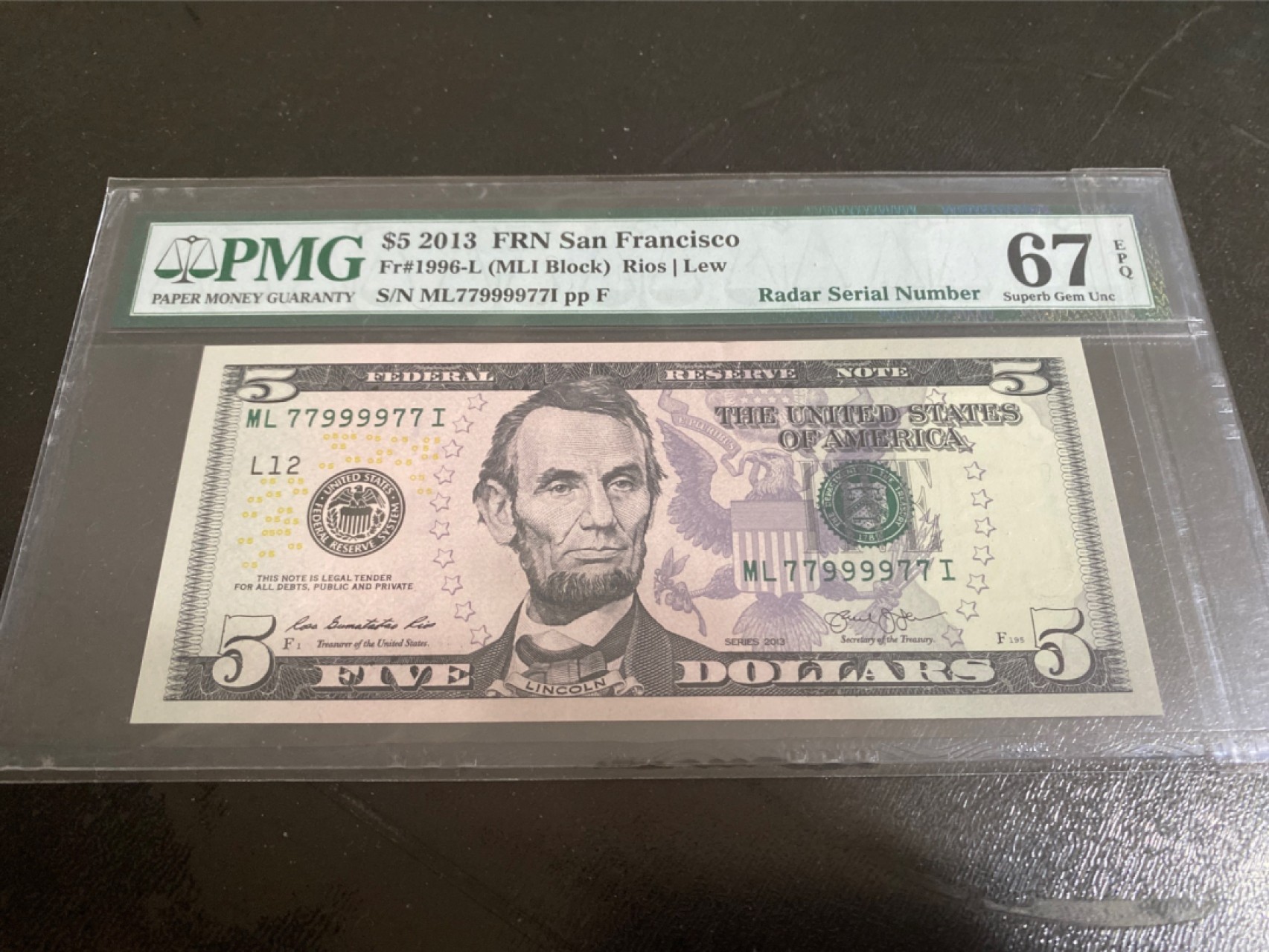 收藏联盟165期拍卖 综合场大拍 欢迎送拍 大拍佣金有返还哦 2013年美国5元 雷达号码 PMG67E