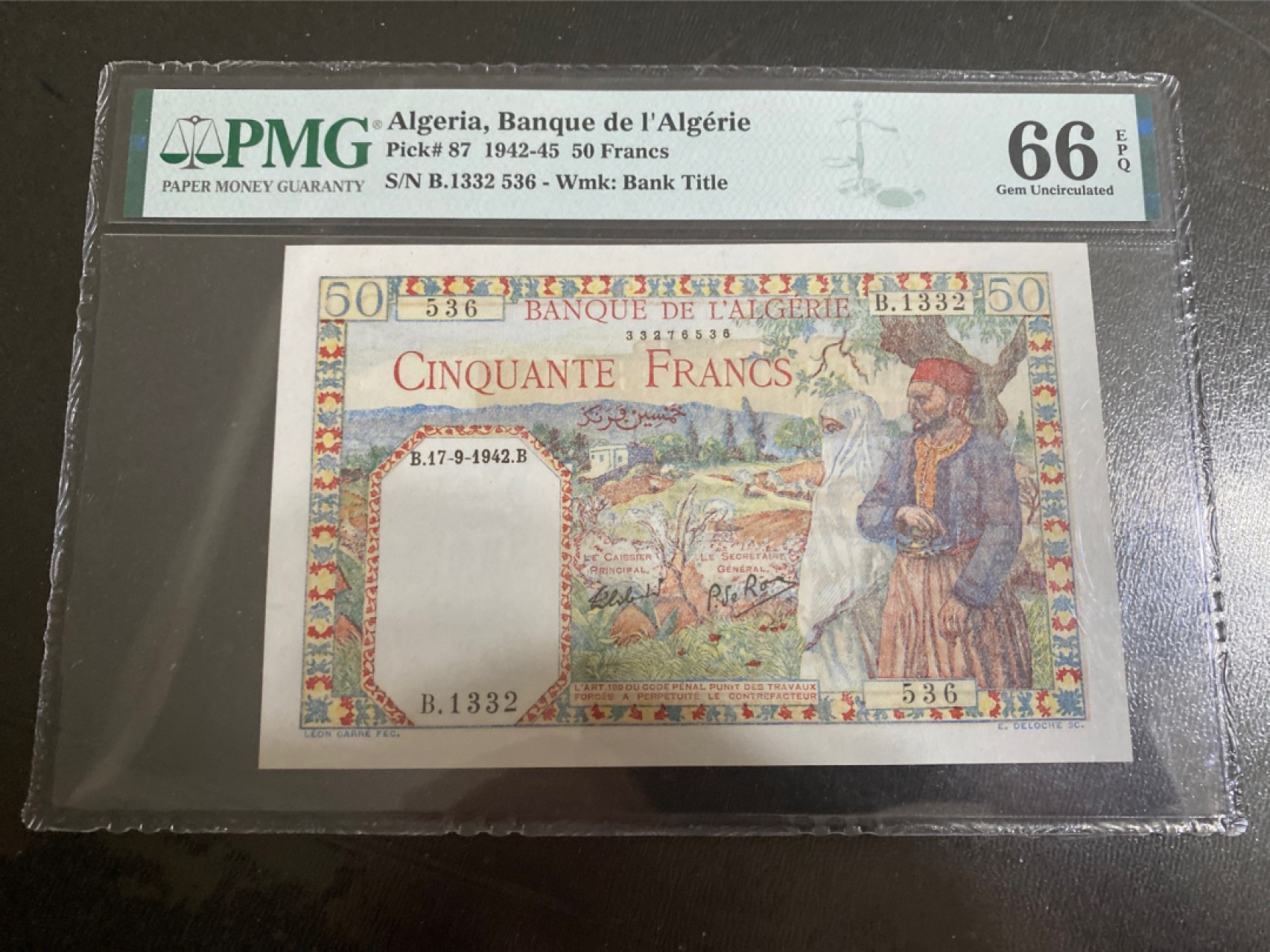 收藏联盟165期拍卖 综合场大拍 欢迎送拍 大拍佣金有返还哦 1942年法属阿尔及利亚50法郎 PMG66E